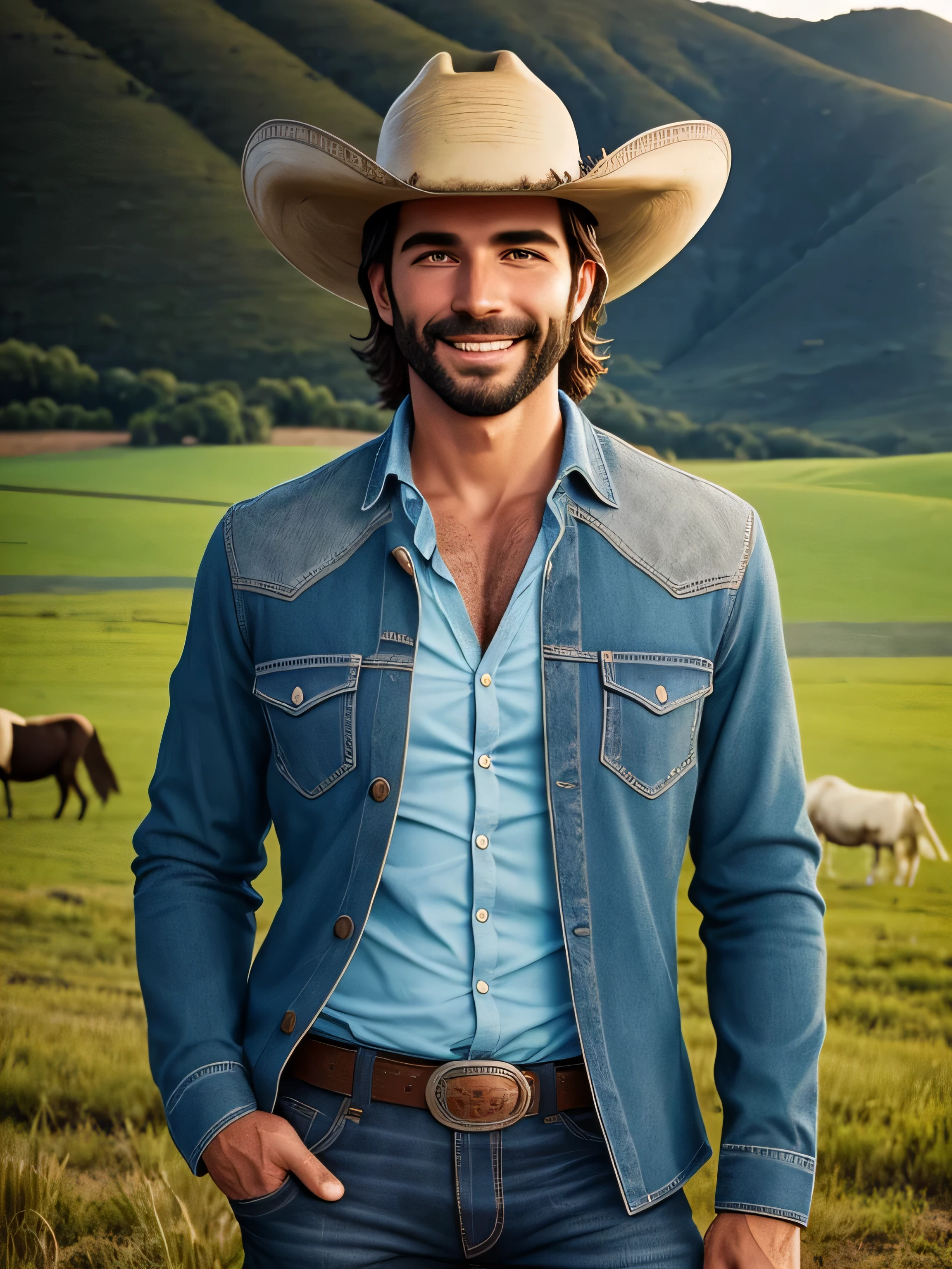 Title: "Vaqueiro Sorridente: Pasture illustration with herd" Description: Create a charming illustration of a 35-year-old cowboy in a country style, apresentando uma barba baixa. Ele veste uma camisa azul claro, um colete preto, jeans, botas de couro, e um cinto de couro robusto. The cowboy is smiling, fazendo gesto de tumber up, Make sure you capture the essence of the cowboy, o ambiente rural, and friendly interaction with the herd.