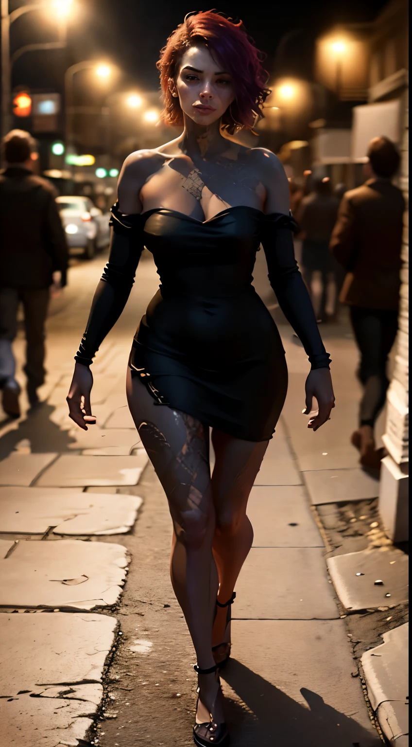 (high quality, realistic),illustration,red and purple color tone,dark and moody lighting,sexy,athletic,body with tattoos,women,black dress,strapless,curvy,walking on the street at night