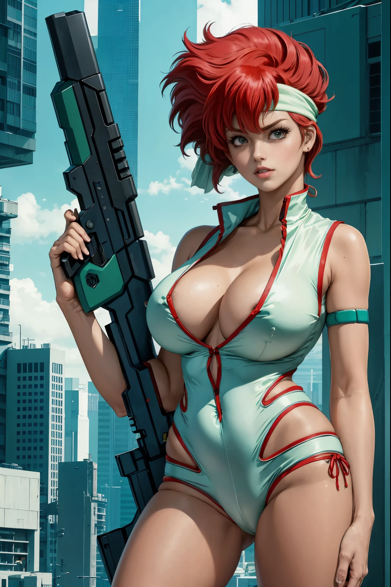 Kei from The Dirty Pair wearing a skimpy white outfit, cleavage, bushy red hair beauty, cyberpunk city background, holding retro space-gun, green headband, emerald green head band