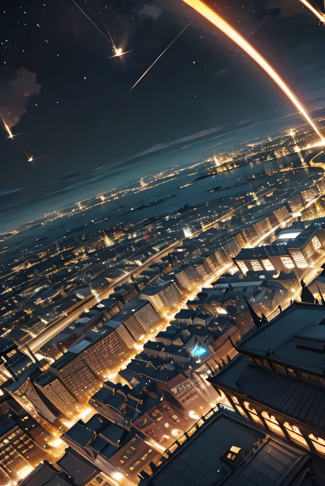 Victorian city from above, nightime, lights