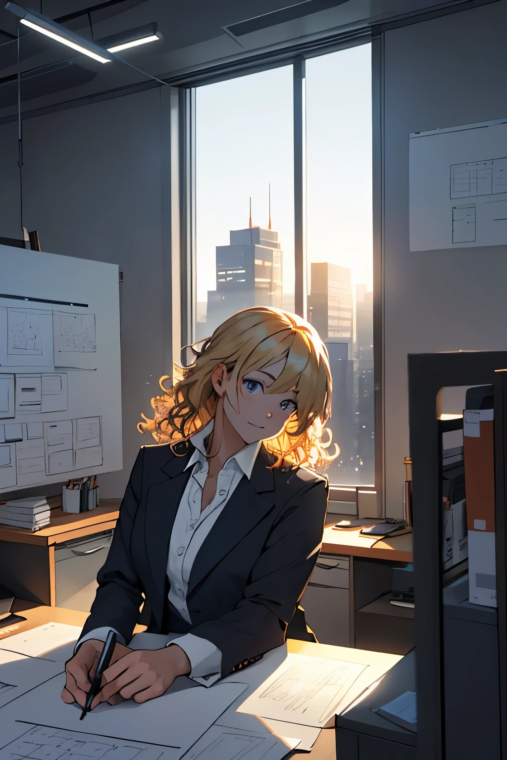 Draw a young female programmer, sitting on a research platform in the middle of an office environment. She is studying with a notebook, surrounded by several drawings of buildings in the office. 
Dramatic lighting illuminates the scene, casting deep shadows on the suit. The young woman looks confident and determined, looking at the vast and mysterious 
city skyline outside the office window with wonder and respect, curly blonde hair, cowgirl shot,