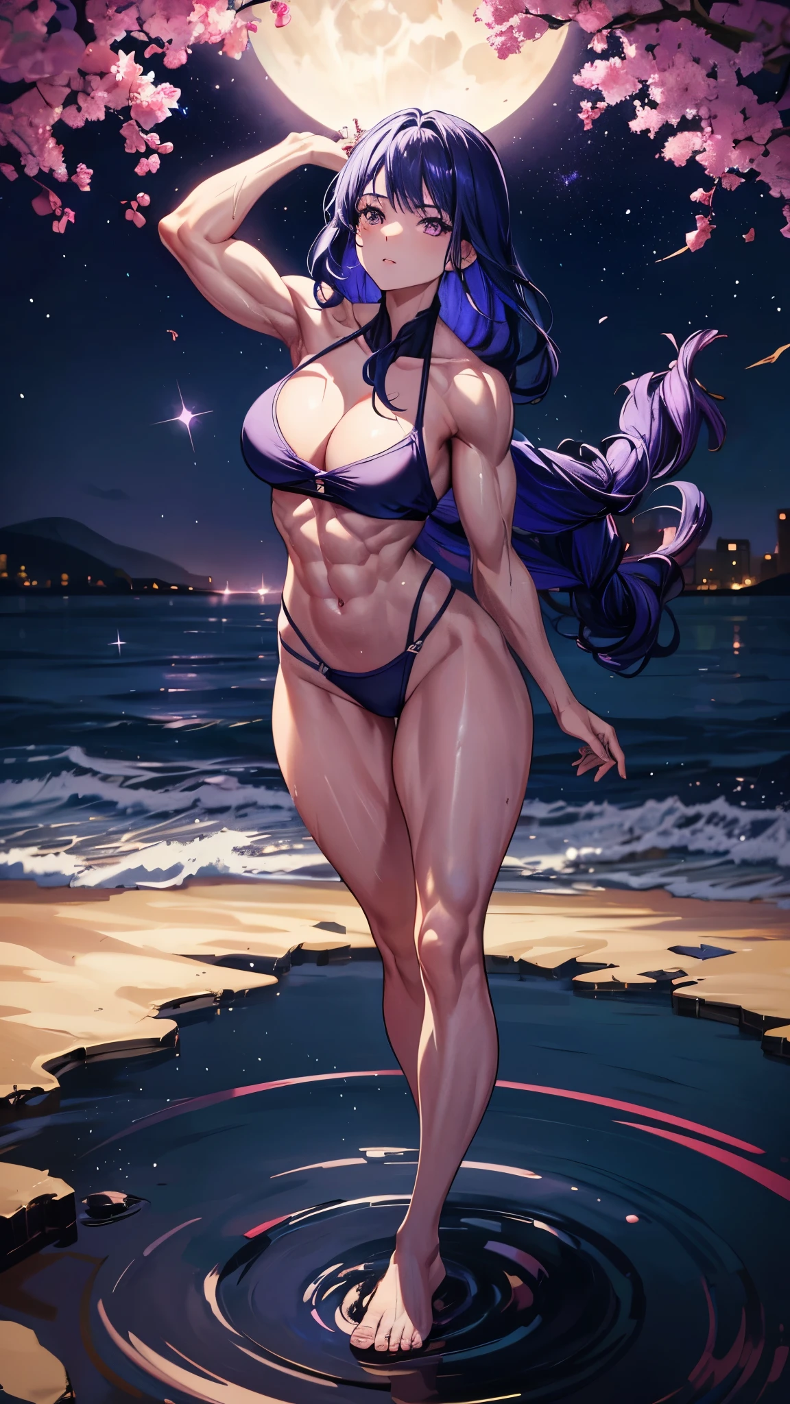 1 girl, alone, beautiful, (((muscular thighs))), medium to large breasts, wearing a gradient purple bikini, (on the beach at night with a starry sky and a full moon in the sky), pure eyes, Realistic students, highly detailed eyes, (((full body photo))), (Standing), (bare feet), perfect anatomy, good anatomy, good composition, muscular belly, narrow waist, lubricated skin in the groin area, oily skin , eye reflection, glowing eyes, anime, anime style, cinematic lighting, glare, bright light, ray tracing, drop shadow, Sony FE, panorama, High Definition, anatomically correct, super details, High Details, best quality, high resolution , high definition, 16K