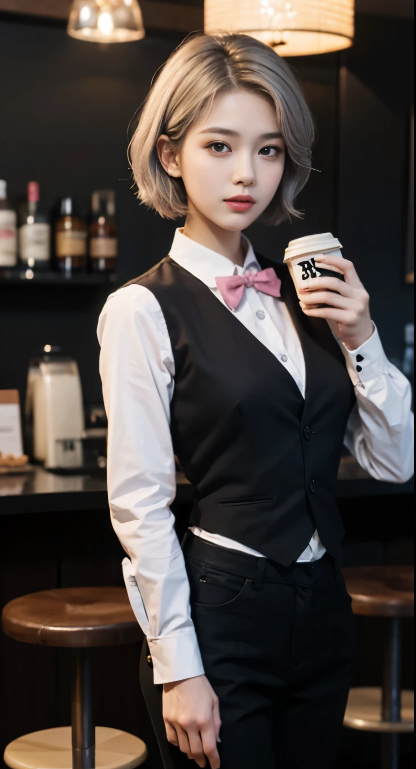 (highest quality、8k、16k、masterpiece、realistic、Super detailed、Beautiful in every detail、ray tracing)、photograph、BREAK (black and white theme:1.4), (bar-maid:1.2), (wearing a black cummer-vest over a white long-sleeved collared-shirt with bow tie:1.4), (black bow tie:1.2), (cummer-vest:1.1), (button-up:1.3), (black slacks pants with narrow waist:1.3), (Attach a name tag to vest:1.2), (dress shoes:1.2), BREAK, ((((holding coffee milk in hand)))), (((At a stylish bar)))、beautiful asian girl、Looks like a Korean idol、25 year old female model、((whole body))、
(detailed face、golden ratio of beauty)、gentle smile、lip details、fine eyes、((silver hair pink mesh hair color))、medium bob hair、Idol style super cute face、slim and beautiful body、beautiful breasts、Glossy skin