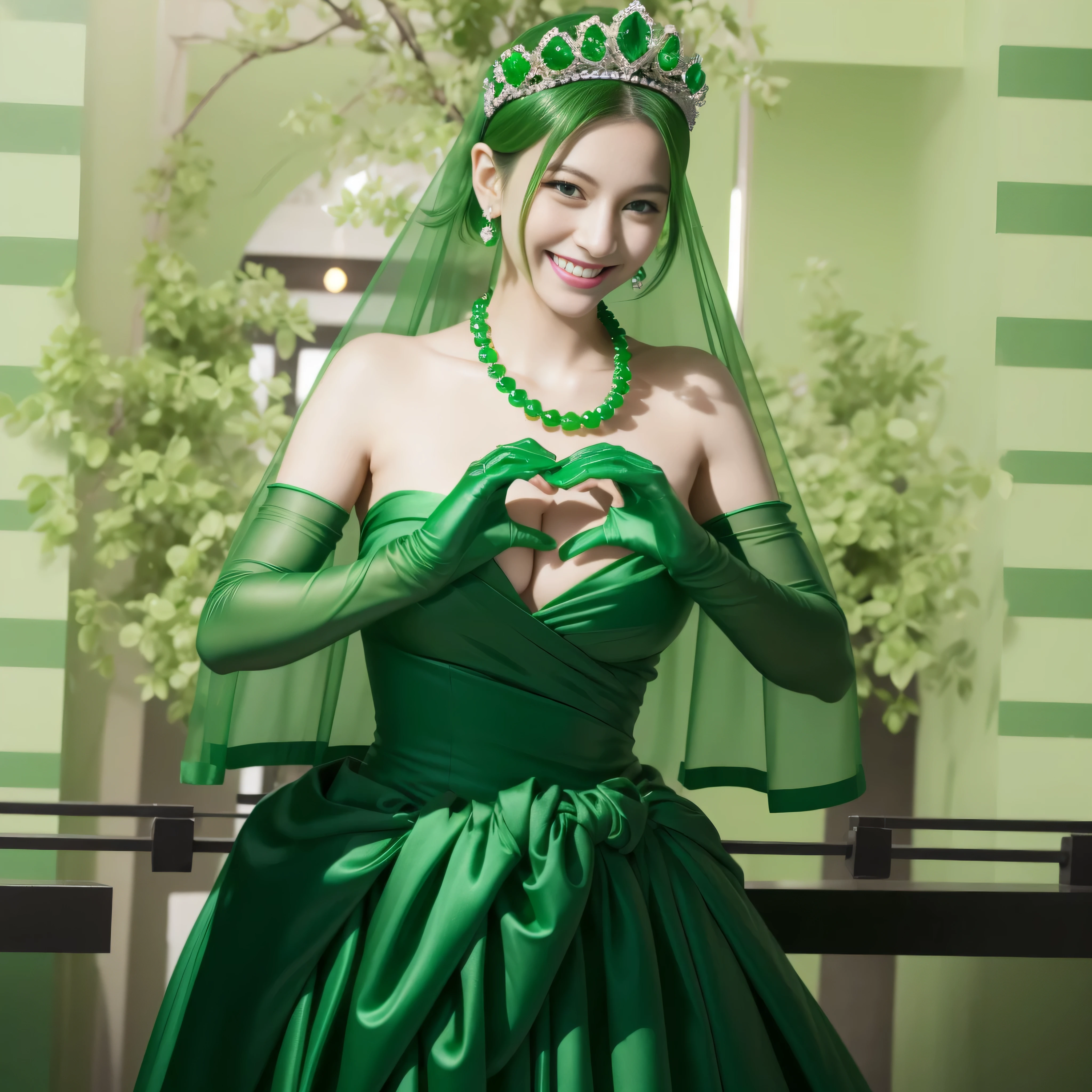 emerald tiara, Green Pearl Necklace, Boyish green berry short hair, lipstick, smiling Japanese woman, very short hair, big breasts beautiful, green eyes, green satin long gloves, green eyes, v sign, emerald earrings, Green veil, green lip gloss
