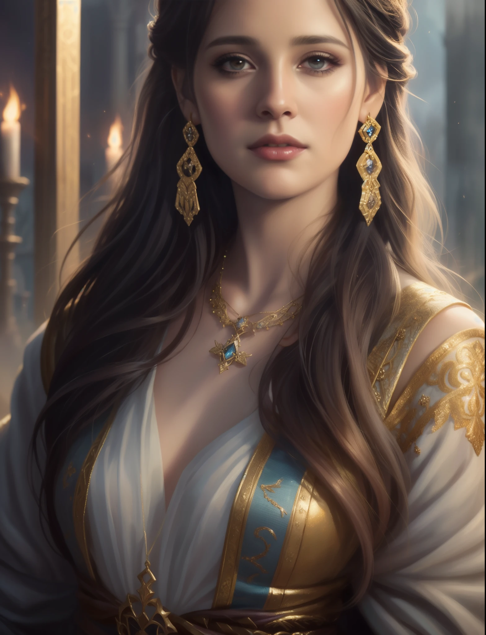 a close up of a woman with long hair wearing a necklace and earrings, fantasy concept art portrait, beautiful character painting, stunning character art, fantasy character portrait, epic fantasy art portrait, detailed beauty portrait, detailed character portrait, graphic artist magali villeneuve, epic exquisite character art, fantasy art portrait, beautiful fantasy art portrait, inspired by Magali Villeneuve
