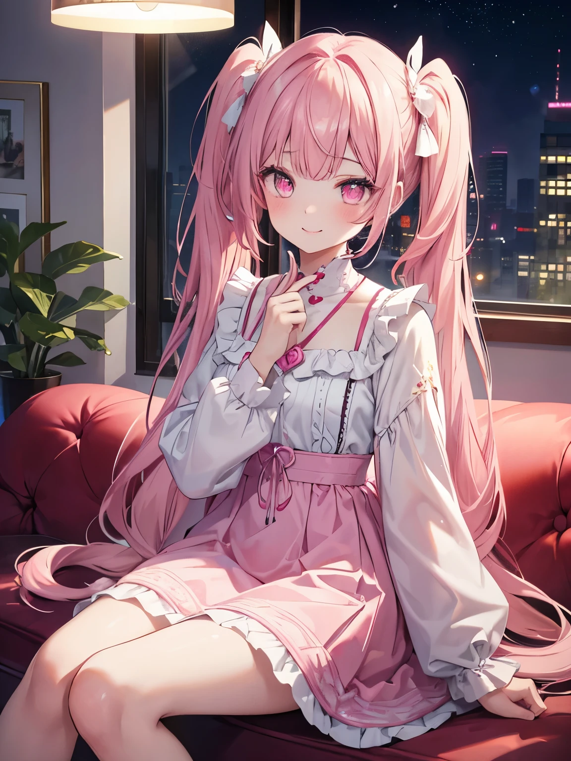 table top, highest quality, (perfect face:1.1), (high detail:1.1), (very detailed目), dramatic, Ultra-fine illustration, very detailed,1 girl, teenager,(white skin), Happy, smile, enjoy,open your mouth,glow eye,pink hair, (long twin tails),mysterious eyes, pink eyes,blush, alone,swollen lips,cinematic lighting,looking for audience, cowboy shot,long sleeve,pink princess dress,Angel's wing,long length,indoor,living room,sitting,night