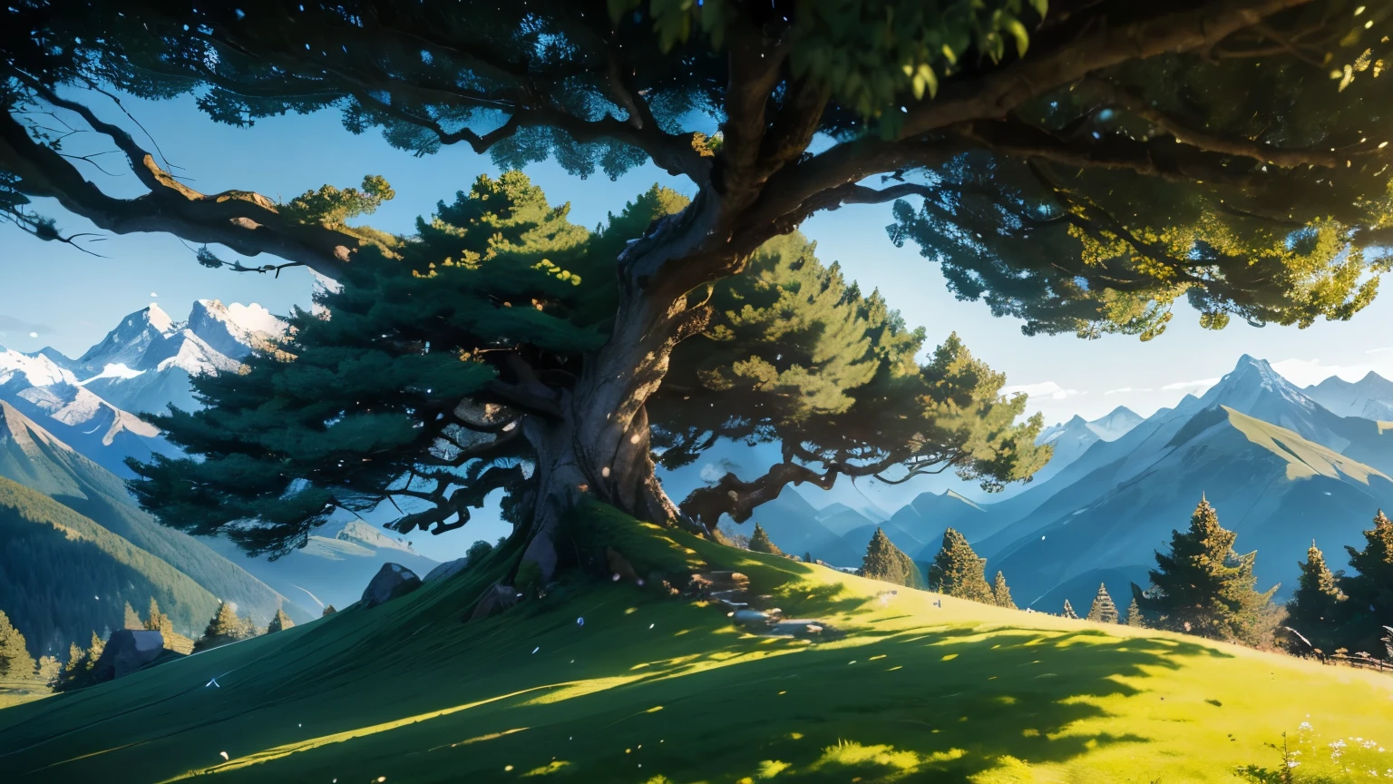 World style anime ghibli studio tree canopy overhead (alpine mountains:1.1), clear sky, (masterpiece:1.3) (best quality) (detailed) (8k) (HDR) (cinematic lighting) (sharp focus) (intricate) (intense action scene, dutch angle, foreshortening, motion blur, blurred foreground:1.3