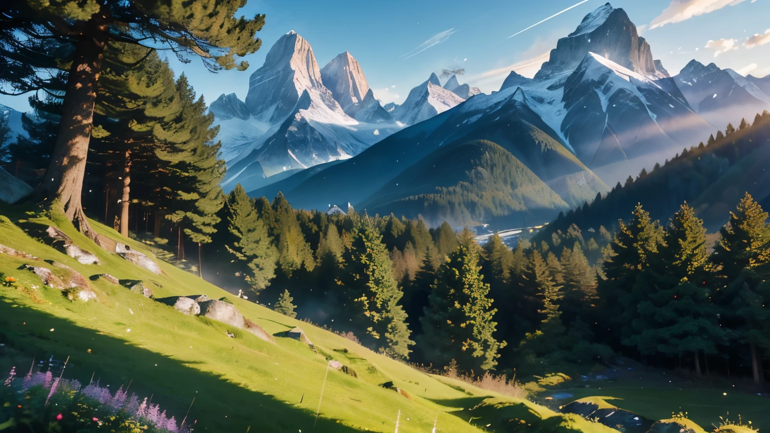 World style anime ghibli studio tree canopy overhead (alpine mountains:1.1), clear sky, (masterpiece:1.3) (best quality) (detailed) (8k) (HDR) (cinematic lighting) (sharp focus) (intricate) (intense action scene, dutch angle, foreshortening, motion blur, blurred foreground:1.3