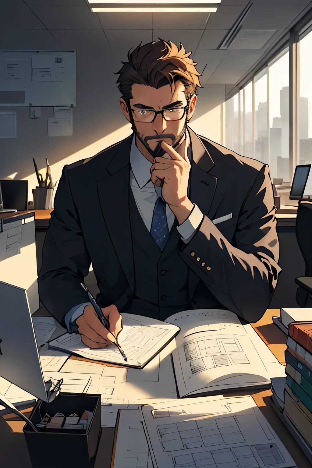 Draw a older male programmer with glasses, sitting on a research platform in the middle of an office environment. He is studying finances with a notebook, surrounded by several
drawings of buildings in the office. Dramatic lighting illuminates the scene, casting deep shadows on the suit. The older male looks confident and determined, looking at the vast and mysterious
city skyline outside the office window with wonder and respect, brown hair with sideburns, cowboy shot,