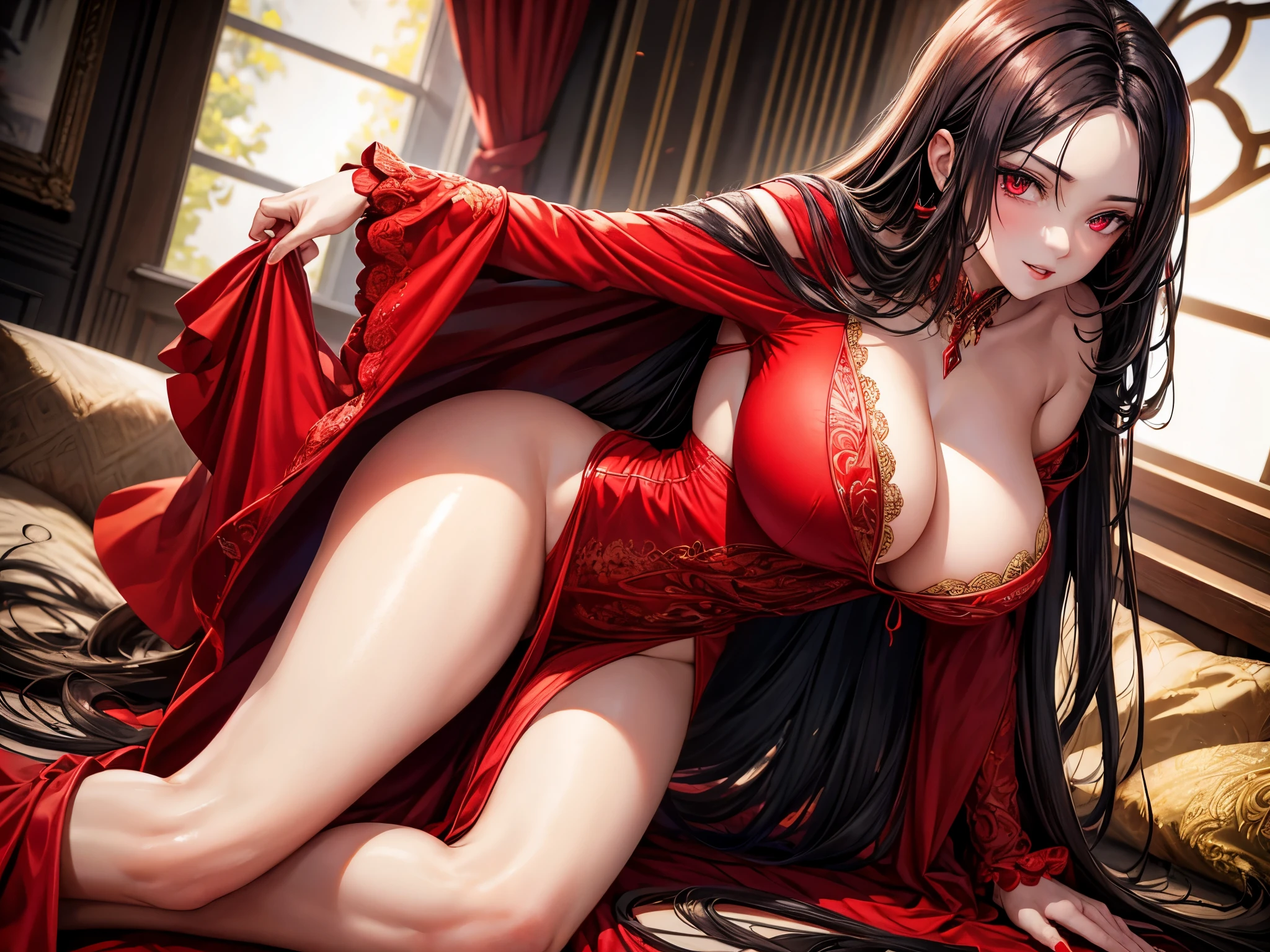 1girl, beautiful, vampire goddess, brunette very long hair, red eyes, sexy body and big breast, wearing a sexy red dress, ultrasharp, looking at the viewer, ((best quality)), ((masterpiece)), (detailed), perfect face,