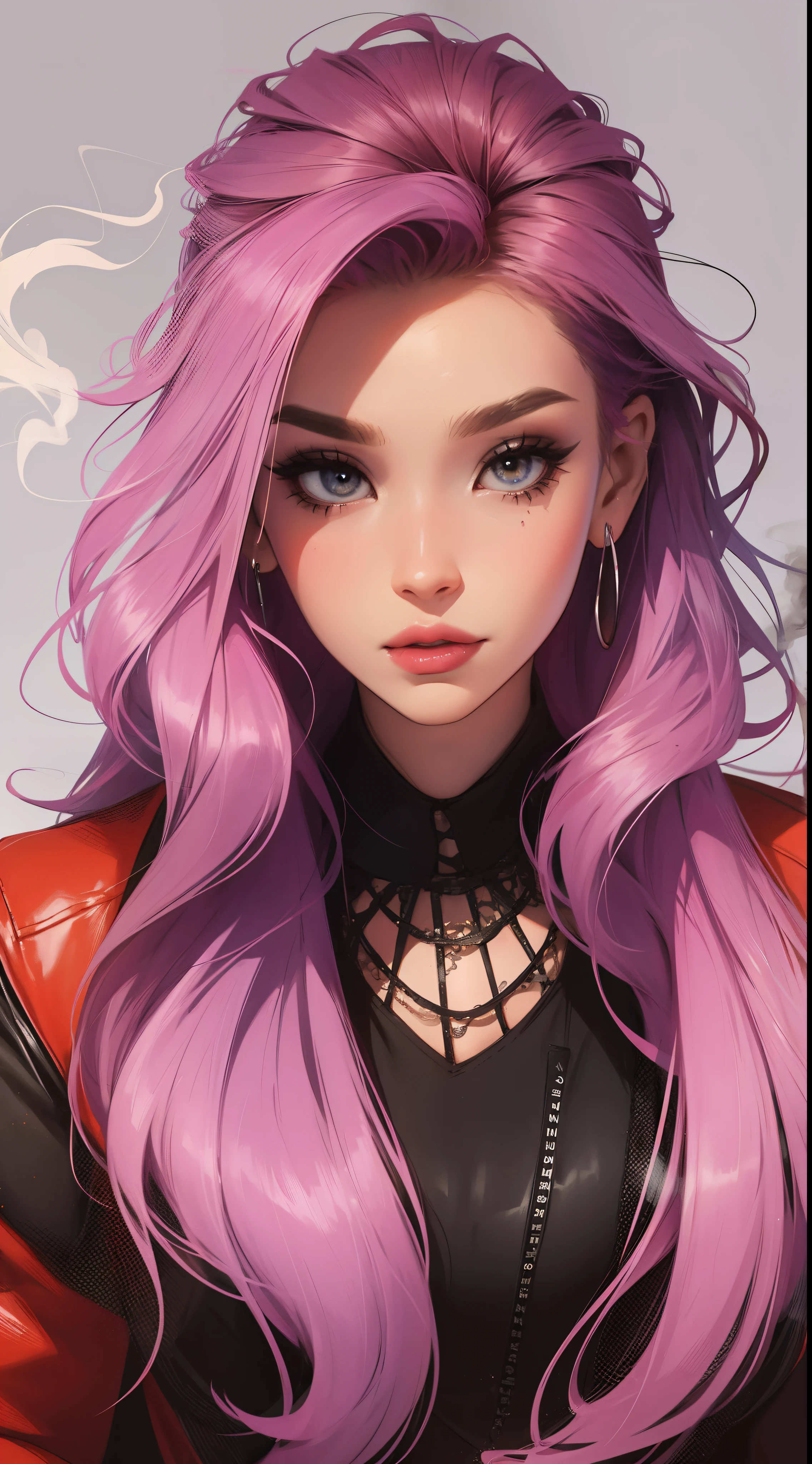 Dinidade, (Smoke effect around the head,  muito efeito de vapor) tatuagem, inventar, Passando pela paisagem noturna, Uma linda garota com, Retrato UHD, (alta qualidade) (ultra detalhes) Olhando para o espectador em streetwear estilo hip-hop; diferente, colorido, long hair of various colors 🌈
