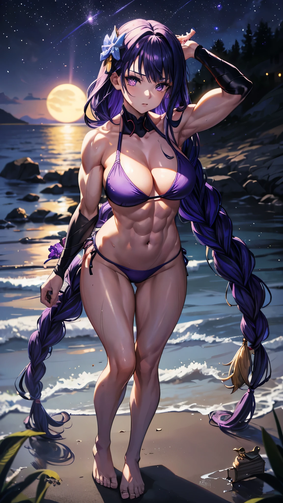 1 girl, alone, beautiful, (((muscular thighs))), slim arms, medium to large breasts, (((wearing a purple bikini))), purple painted nails, (on the beach at night with a starry sky and a full moon in the sky), pure eyes, Realistic pupils, highly detailed eyes, (((full body photo))), (Standing), (bare feet), perfect anatomy, good anatomy, good composition, muscular belly, narrow waist, lubrication of the skin in the groin area, oily skin, eye reflection, glowing eyes, anime, anime style, cinematic lighting, glare, Bright light, ray tracing, cast shadow, Sony FE, panorama, High definition, anatomically correct, super details, High details, best quality, high resolution, high definition, 16K