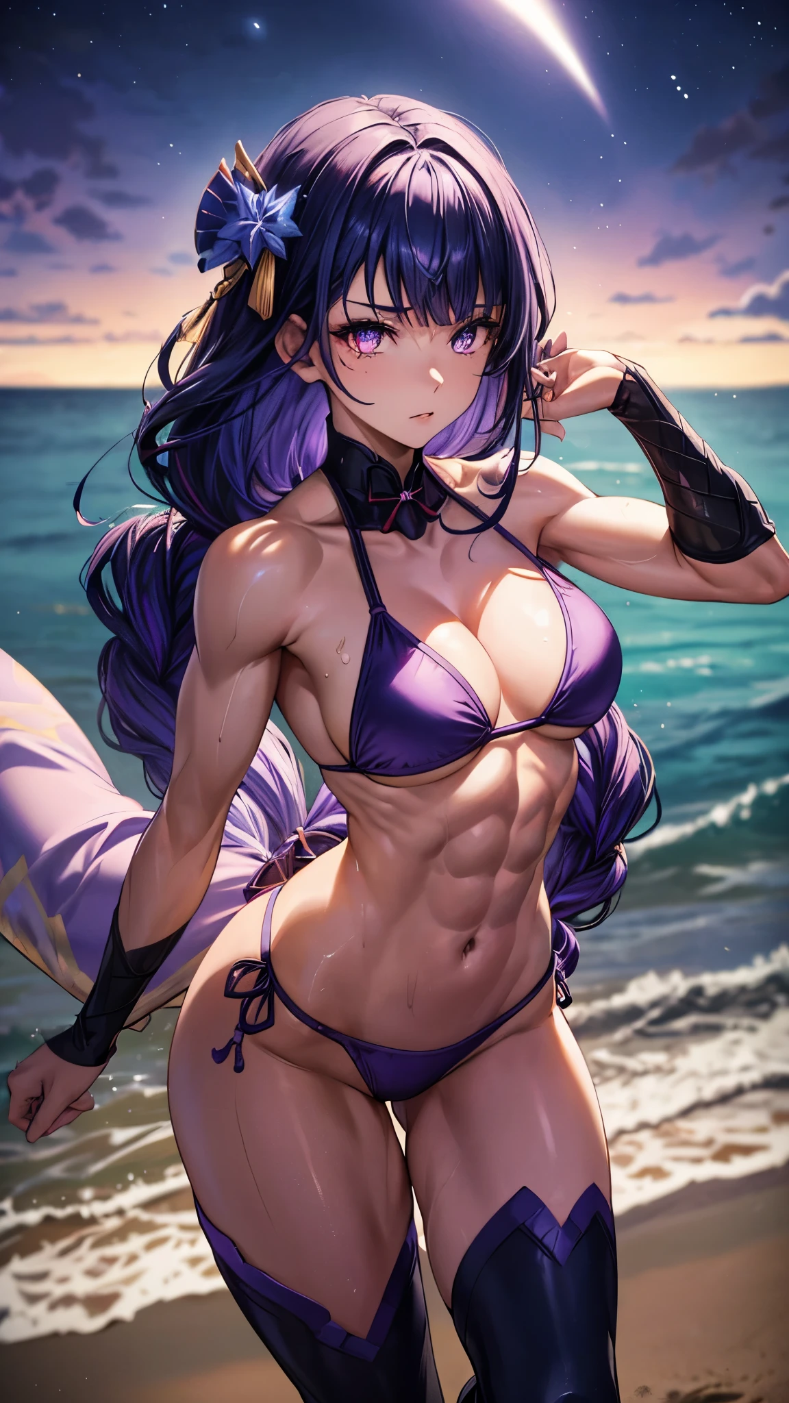 1 girl, alone, beautiful, (((muscular thighs))), slim arms, medium to large breasts, (((wearing a purple bikini))), purple painted nails, (on the beach at night with a starry sky and a full moon in the sky), pure eyes, Realistic pupils, highly detailed eyes, (((full body photo))), (Standing), (bare feet), perfect anatomy, good anatomy, good composition, muscular belly, narrow waist, lubrication of the skin in the groin area, oily skin, eye reflection, glowing eyes, anime, anime style, cinematic lighting, glare, Bright light, ray tracing, cast shadow, Sony FE, panorama, High definition, anatomically correct, super details, High details, best quality, high resolution, high definition, 16K