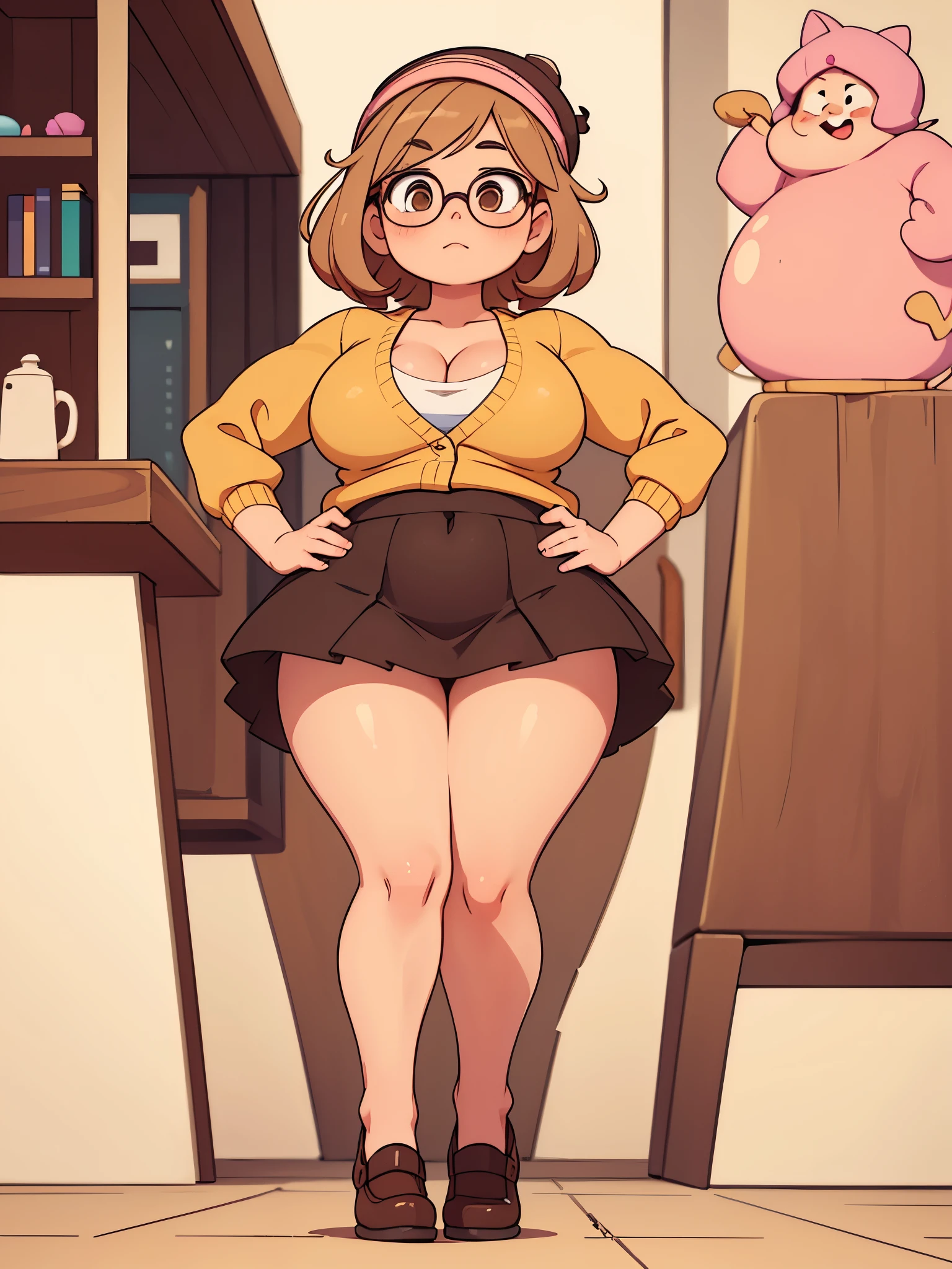 Drawing of a pudgy, tall age girl with rosy cheeks; brown eyes; creamy blonde hair. She is wearing rounded black dress shoes; she has very muscular, toned feet and legs. Her legs are fat, meaty, voluptuous, curvaceous, long, Rubenesque and plump. She is wearing a yellow cardigan, a beanie, circular glasses, a brown miniskirt and a pink kawaii beret. She is posing with one leg forward with both hands on her hips. Her panties are slightly showing. She is making a kissing gesture.
