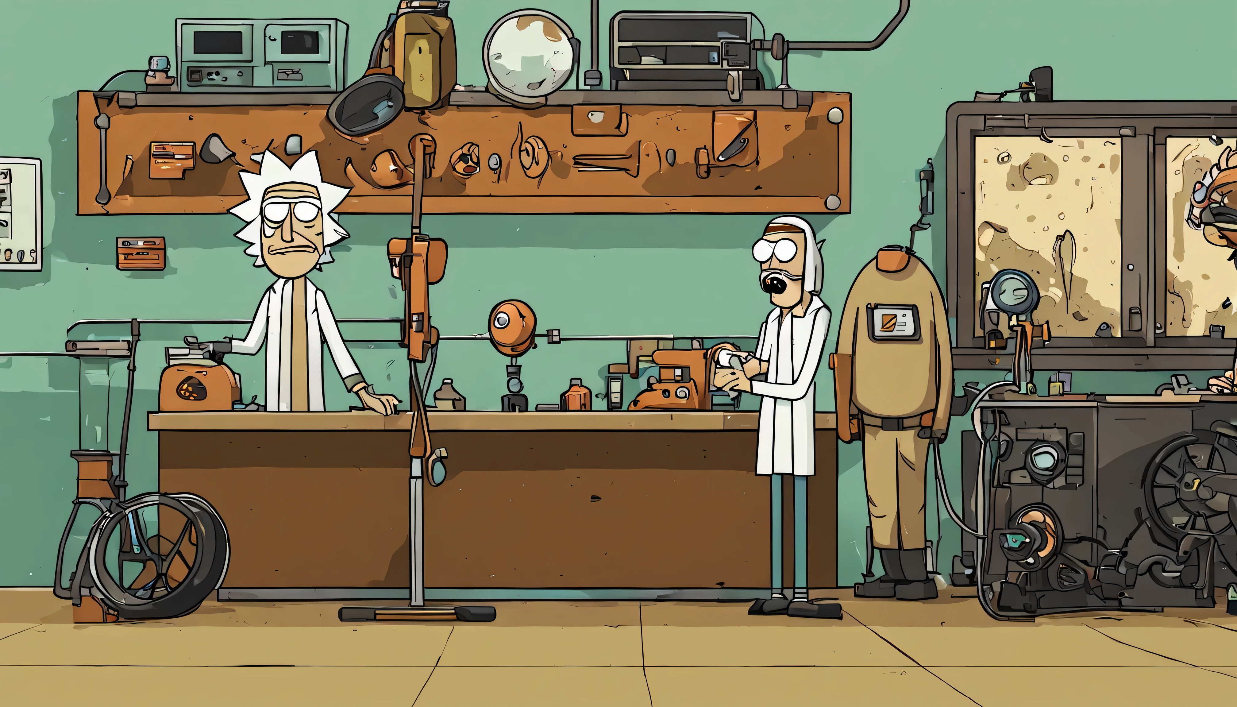 A cartoon Modern Arabian mechanic workshop, rick and Morty drowning style, minimalist, flat art, clean lab