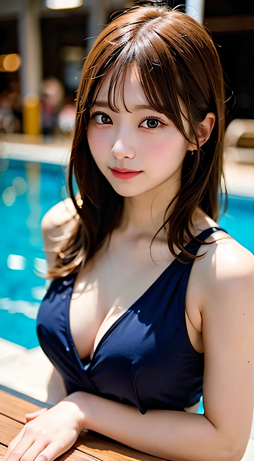 (8k, RAW photo:1.2)detailed face and eyes,最high quality, ultra high resolution, very detailed ,intricate details ,table top ,pretty girl , soft light like a movie, hyper detail,sharp focus, high quality, pool, swimsuit