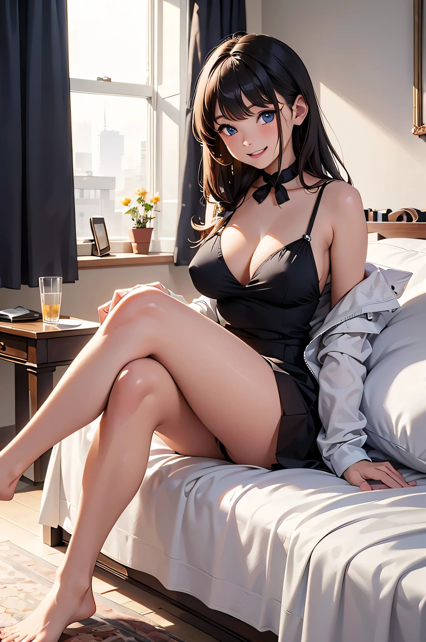 (best quality, 8k,highres, masterpiece:1.2), ((front view full body)), (((2 beautiful young girls chatting and laughing sitting on a bed with thick crossed legs))), slim and build, ((large noticeable nipples underneath clothes)), blue eyes, long messy hair,