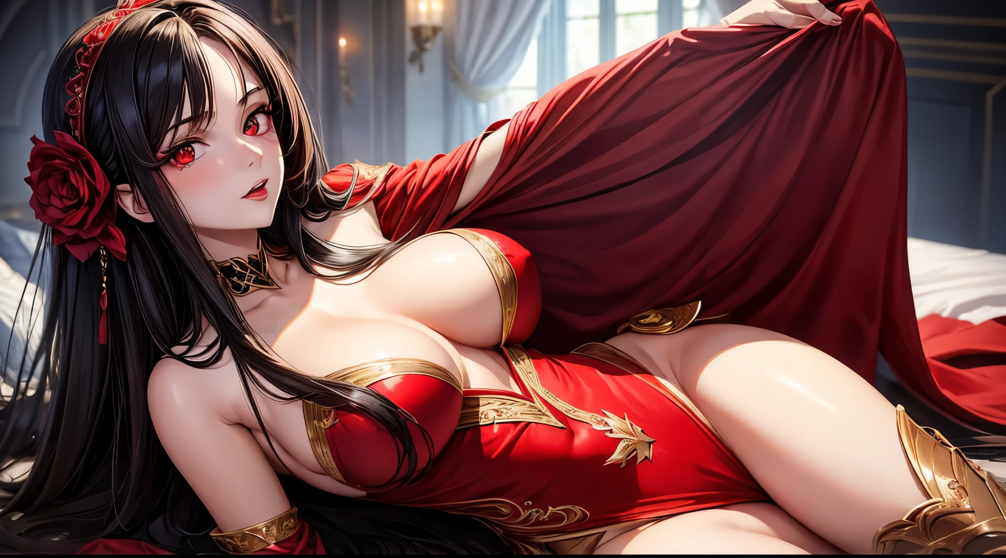 1girl, beautiful, vampire goddess, brunette very long hair, red eyes, sexy body and big breast, wearing a sexy red dress, ultrasharp, looking at the viewer, ((best quality)), ((masterpiece)), (detailed), perfect face,