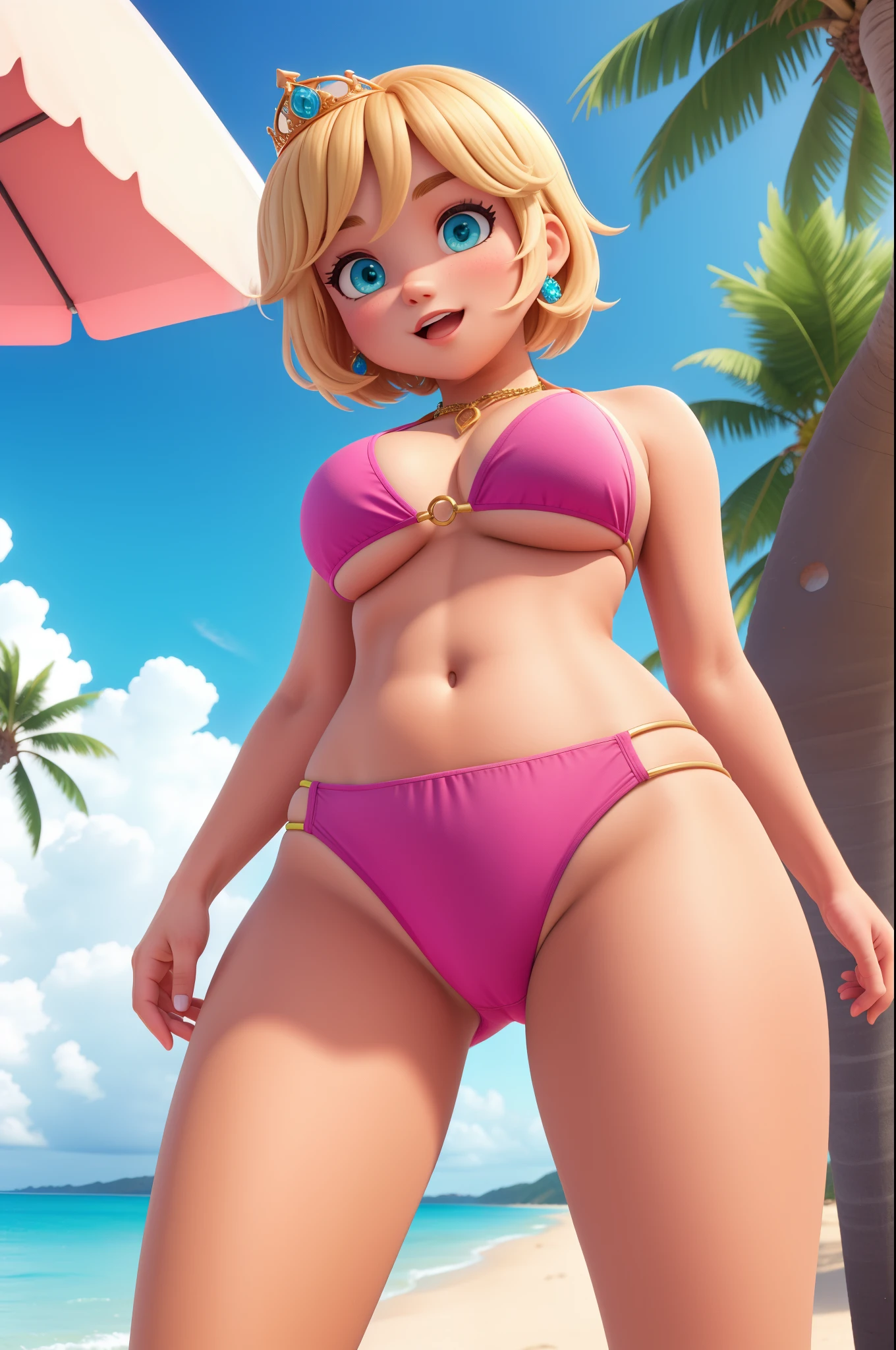 UHD,8K,girl princess,bikini,crotch view,beach,thick thighs