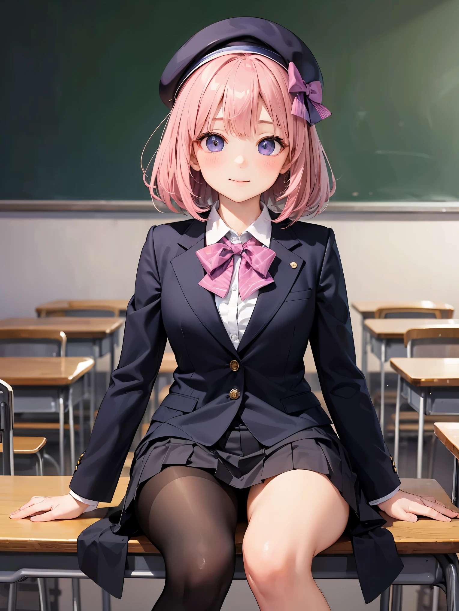 細部に至るまinの傑作、highest quality、realistic、1 girl、solo、18-year-old、Looks about 、140cm beautiful girl、、5 year old baby face、Silky hair、Gradient bob in the forward、pink and purple mesh、big vertical eyes、Outstanding looks、cute 、proximity、closed_mouth、laughter、blush、恥ずかしさinいっぱい、beret、pink bow tie、Branded uniforms、 青いblazer、blazer、pleated skirt、gray skirt、silk blouse、white blouse、feet、black tights、sit on top、classroom、hair_ornament、looking for_in_viewer、beiniful detailed eyes、realistic目、tights on、Not clear、professional effects、Not clear、enhanced elegance、Really ridiculous cuteness、cute