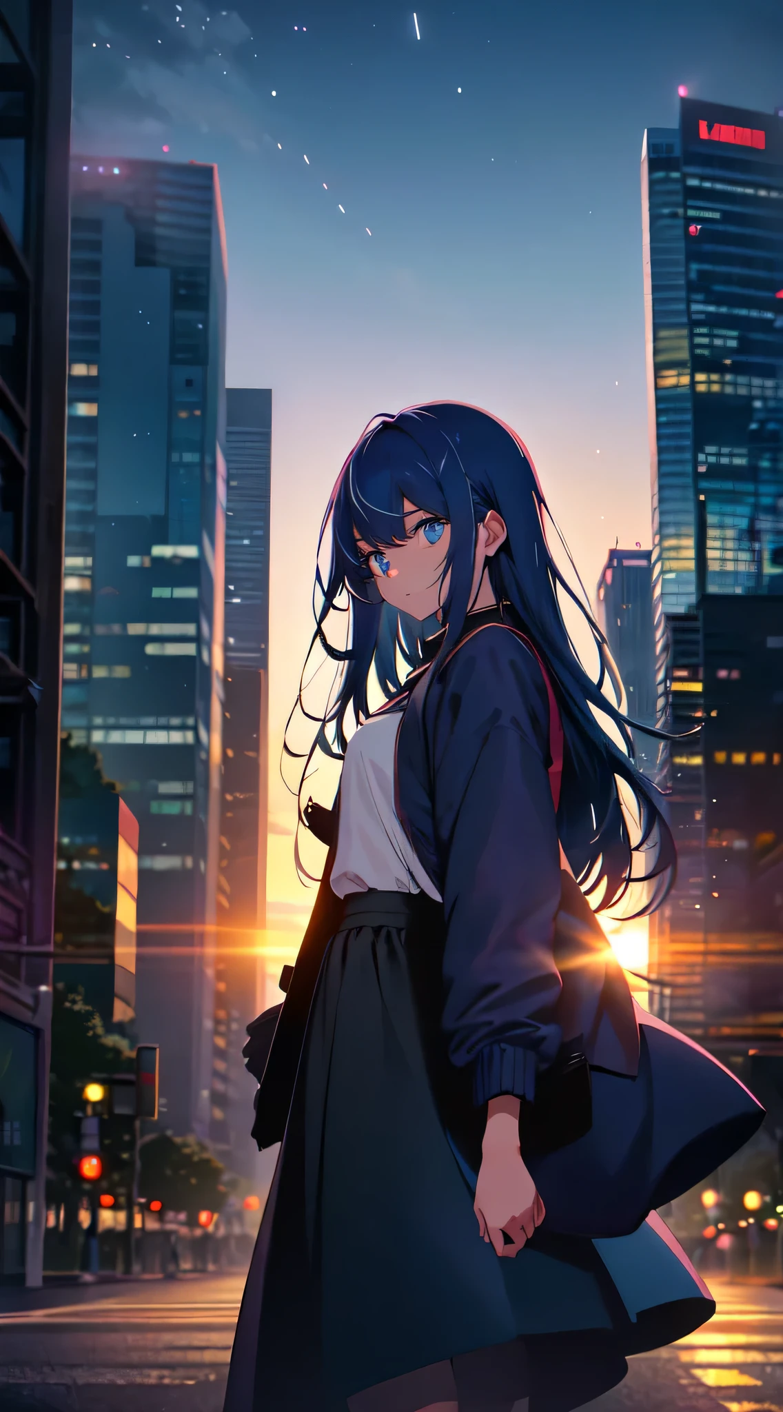 A captivating scene unfolds as the setting sun casts long shadows over the cityscape (1.3). A girl, wearing a black skirt that billows gently in the breeze, is standing alone on the deserted street (1.4). Her blue hair cascades down to her shoulders, adorning her face with loose strands that frame it as she looks directly at the viewer (1.2). In the background, towering skyscrapers reach for the night sky, their multicolored lights twinkling like stars. In the foreground, she is clad in a jacket, its sleeves rolled up to her elbows, revealing the warm glow of the setting sun on her medium