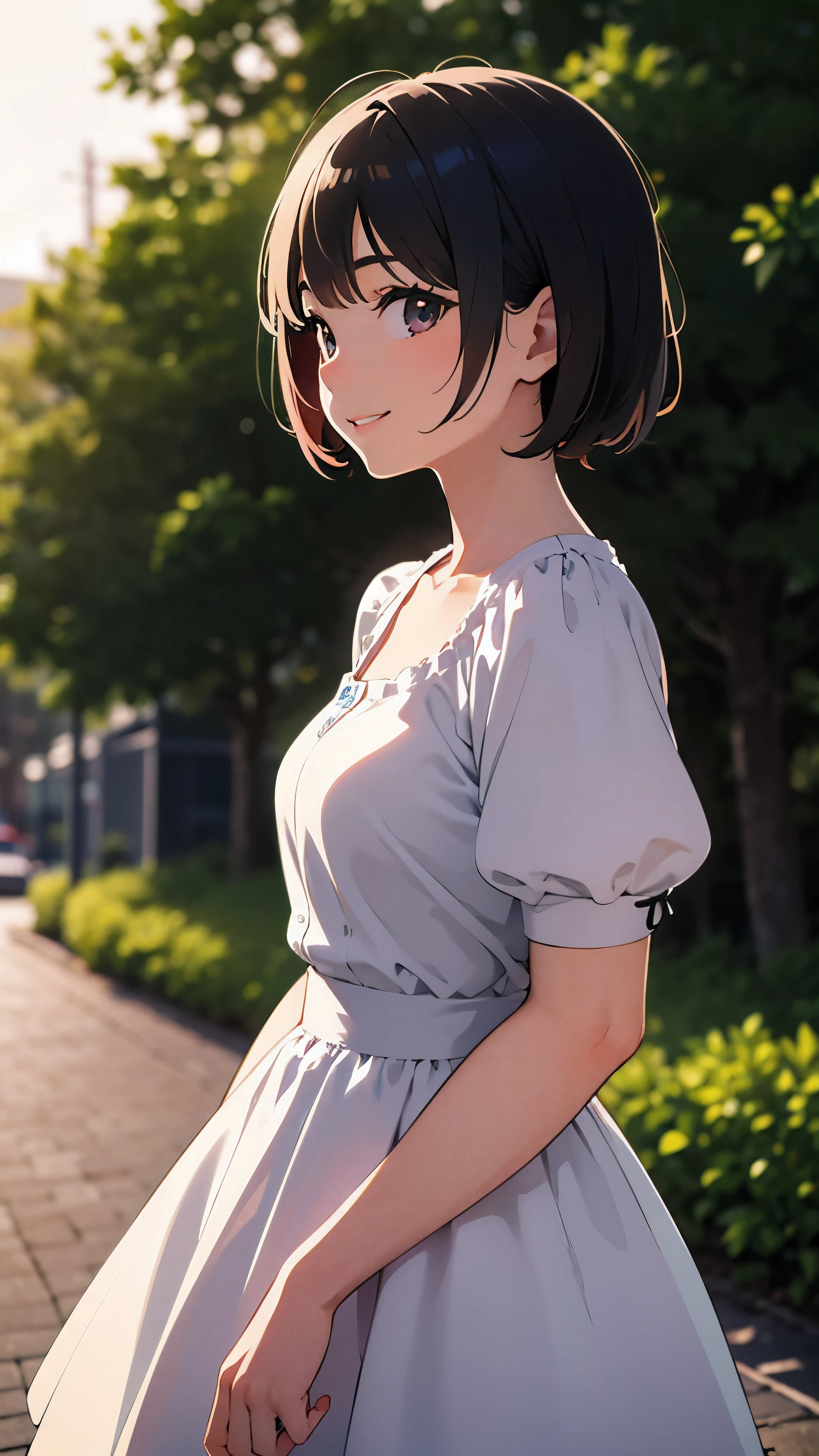 highest quality, detailed face, 1 girl, middle chest, smile, casual dress, (attractive, puffy eyes:1.2), excellent anatomy, looking at the viewer, soft focus, golden hour lighting, Depth of the bounds written, happy expression, short cut hair, outdoors, (profile shot:0.8)