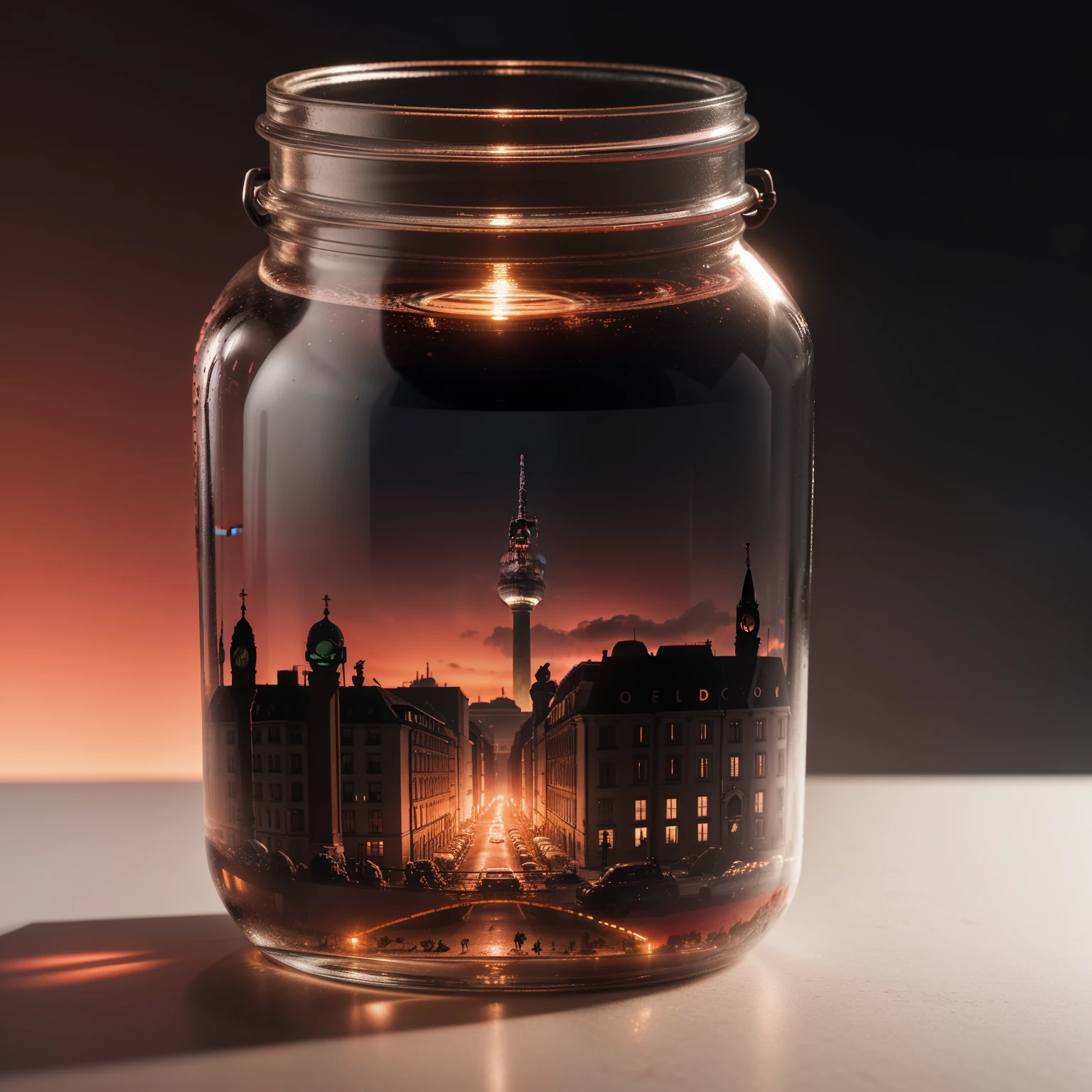 (An intricate minitown Berlin landscape trapped in a jar with cap), atmospheric oliva lighting, on a white desk, 4k UHD, dark vibes, hyper detailed, vibrant colours red sky background, epic composition, octane render, sharp focus, high resolution isometric, closeup view.