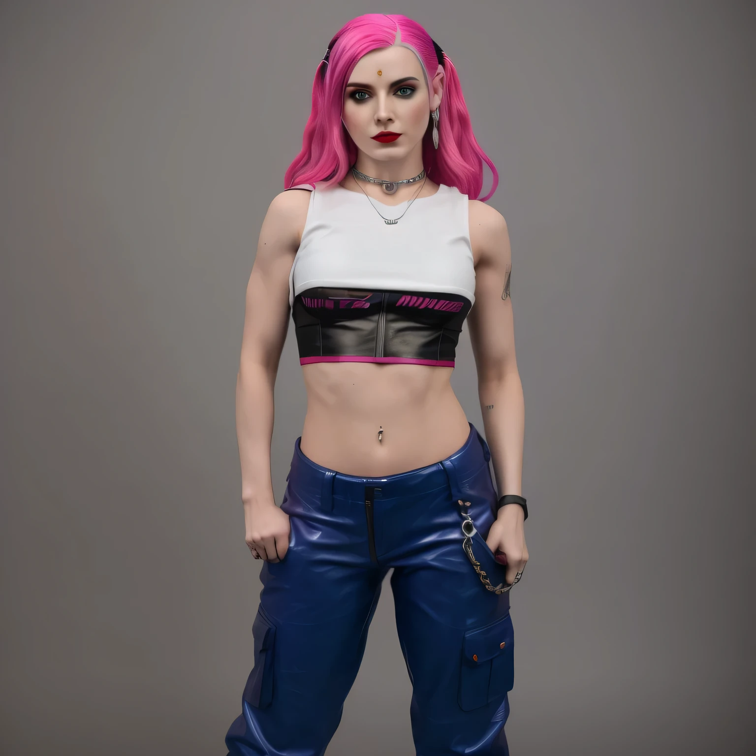 ((masterpiece, best quality)),white woman with pink hair and blue baggy pants posing for a picture, silver necklace, black eye makeup and red lipstick, white cloth cutoff shirt with black leather bra, diesel punk female, plastic purple braclet, harley quinn standing, punk outfit, cyberpunk 2 0 y. o model girl, tinyest midriff ever fit body, upper body avatar, leeloo outfit, full body female, photo realistic, intricate details