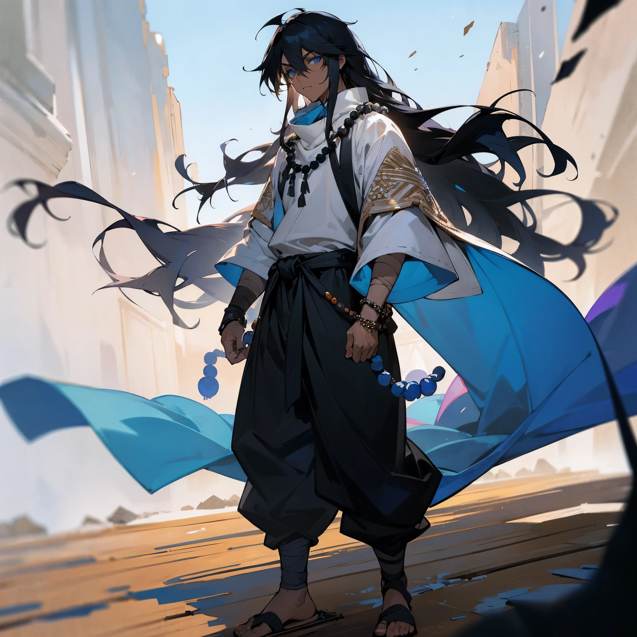 1male, adult, messy long black hair, finely detailed bright blue eyes, walking down path, dark skin, bandages wrapped around arms, poncho, loose baggy pants, prayer beads, prayer beads bracelet, best light and shadows, posing with hands in pockets, muscular