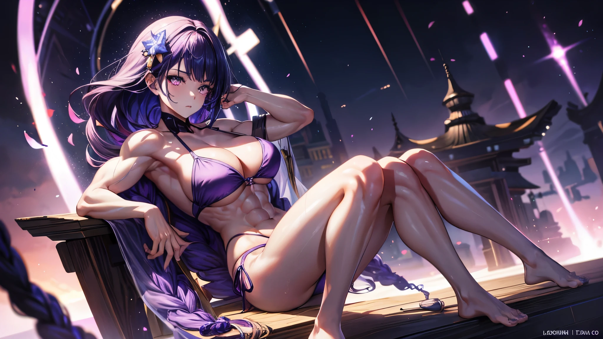 1 girl, alone, beautiful, (((muscular thighs))), bare legs, slim arms, medium to large breasts, (((wearing a purple bikini))), nails painted purple, (at the motel), pure eyes , Realistic pupils, highly detailed eyes, (((full body photo))), (Standing), (bare feet), perfect anatomy, good anatomy, good composition, muscular belly, narrow waist, lubrication of the skin in the area of crotch, oily skin, eye reflection, glowing eyes, anime, anime style, cinematic lighting, glare, Bright light, ray tracing, drop shadow, Sony FE, panorama, High definition, anatomically correct, super details, High details, best quality, high resolution, high definition, 16K