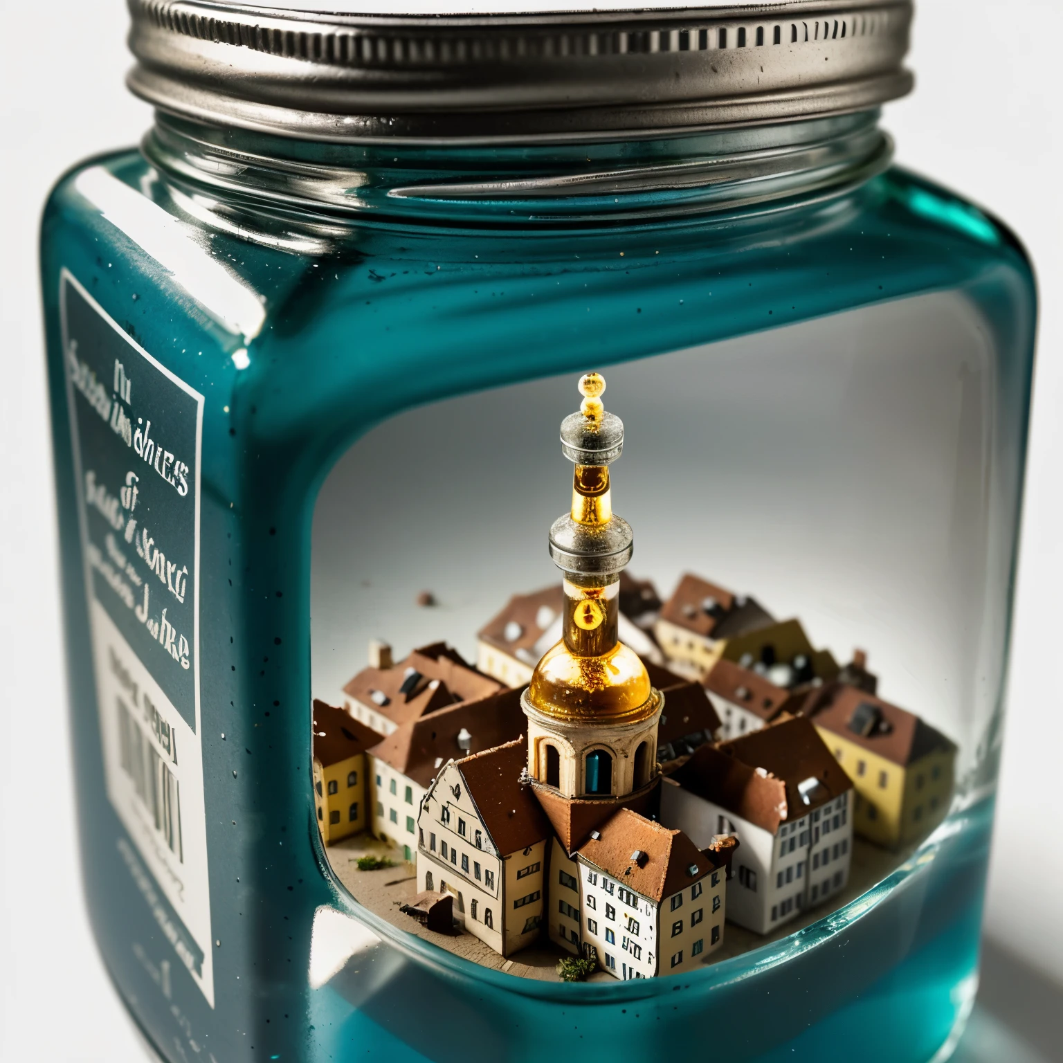 (An intricate mini-town of Berlin tucked inside a square glass jar with lid), macro photography in close-up