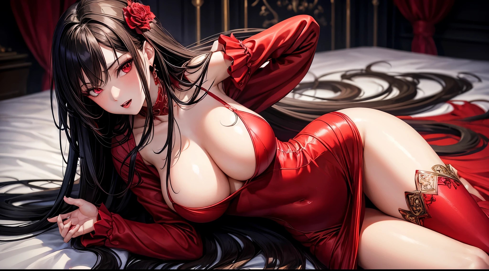 1girl, beautiful, vampire goddess, brunette very long hair, red eyes, sexy body and big breast, wearing a sexy red dress, ultrasharp, looking at the viewer, ((best quality)), ((masterpiece)), (detailed), perfect face,