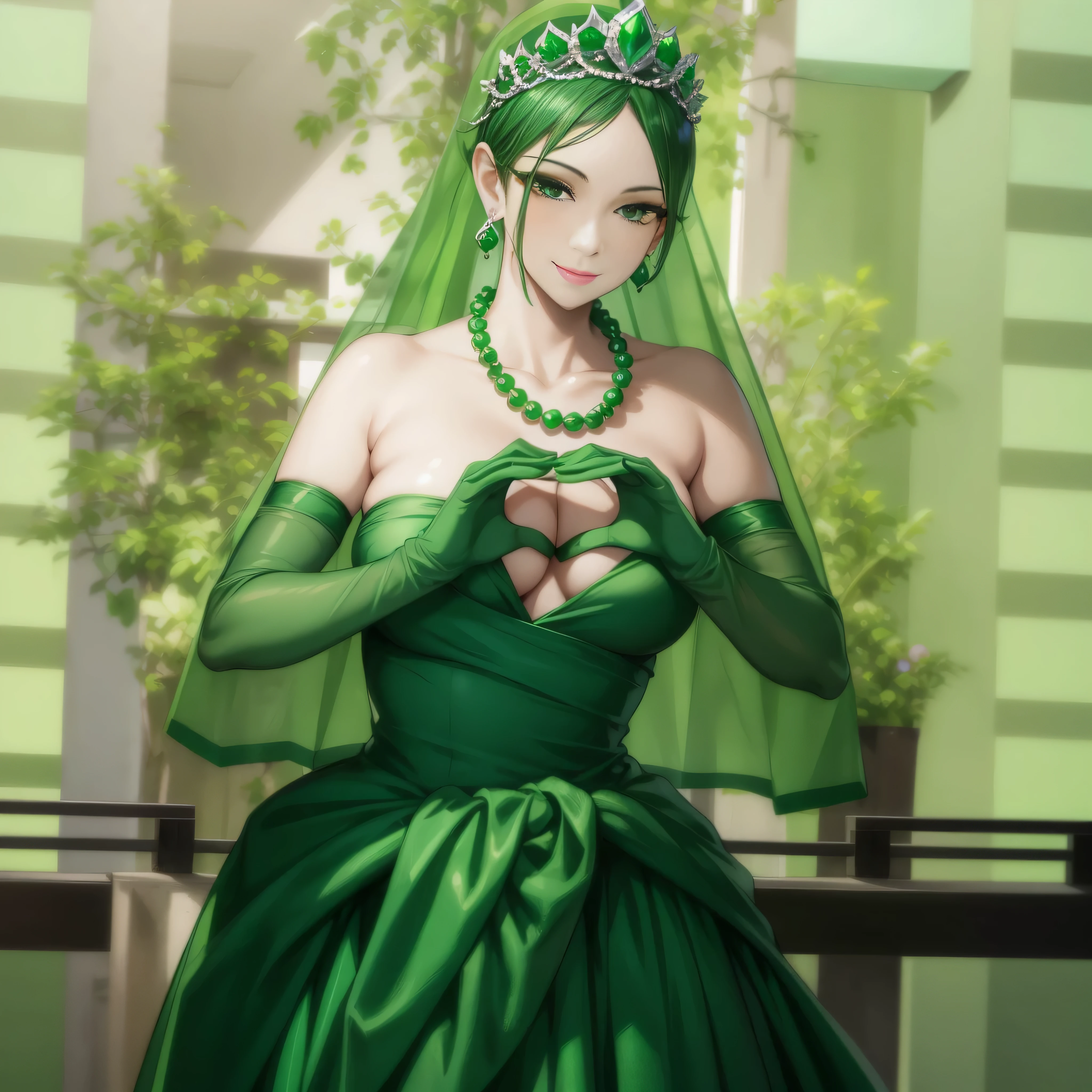 emerald tiara, Green Pearl Necklace, Boyish green berry short hair, lipstick, smiling Japanese woman, very short hair, big breasts beautiful, green eyes, green satin long gloves, green eyes, v sign, emerald earrings, Green veil, green lip gloss
