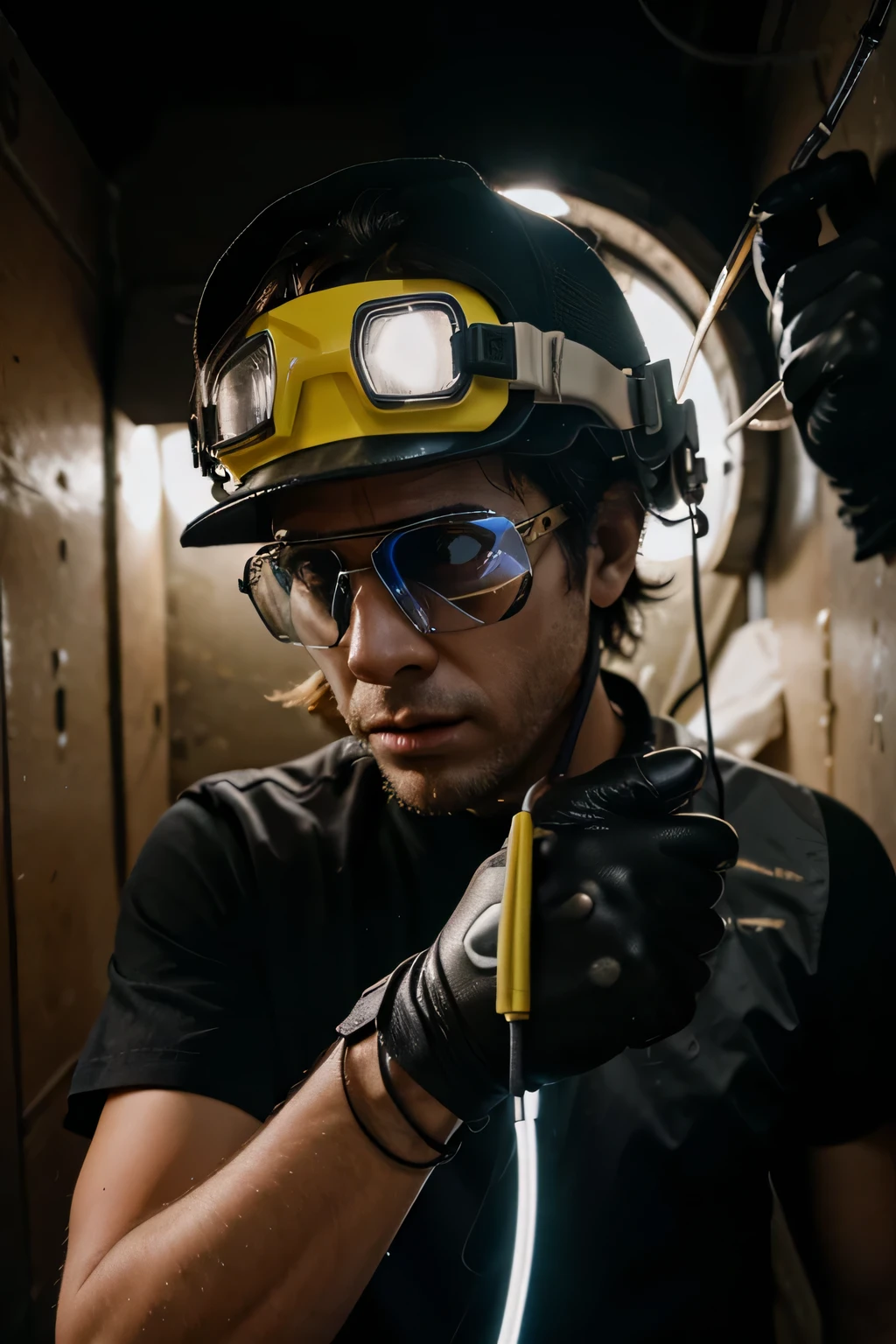 Imagens realista de um trabalhador usando capacete, glove and safety glasses, receiving an electric shock inside a confined space.