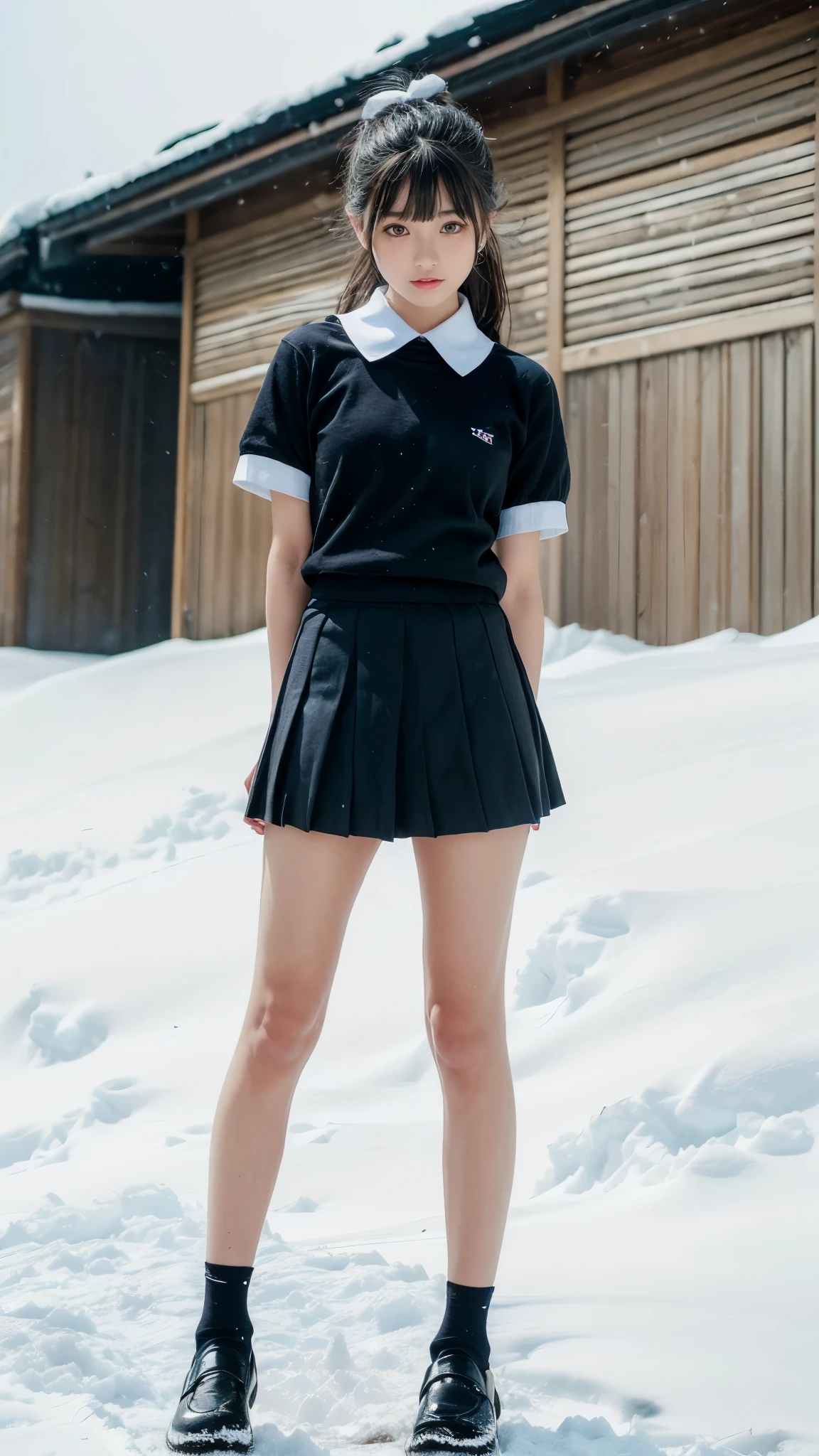 (in 8K、RAW Photos、top-quality、​masterpiece:1.2), (realisitic、Photorealsitic:1.37), ultra-detailliert, high resolution, 1girl in, a closeup, Raw feet, A dark-haired, black eyes, japanese, color contact lens, (beautiful legs:1.3), (slender girl:1.4), a beauty girl, (Thin legs:1.3), a sailor suit, , high-school girl, JK, Ultra mini skirt, Dark blue pleated skirt, Short socks, Tri-fold socks, white sock, (short sleeves:1.3), (black loafers shoes:1.3), Full body, (standing:1.2), (heavy snowing:1.1), (deep snow:1.1),(dark_skin:1.3),(tanned_skin:1.3)