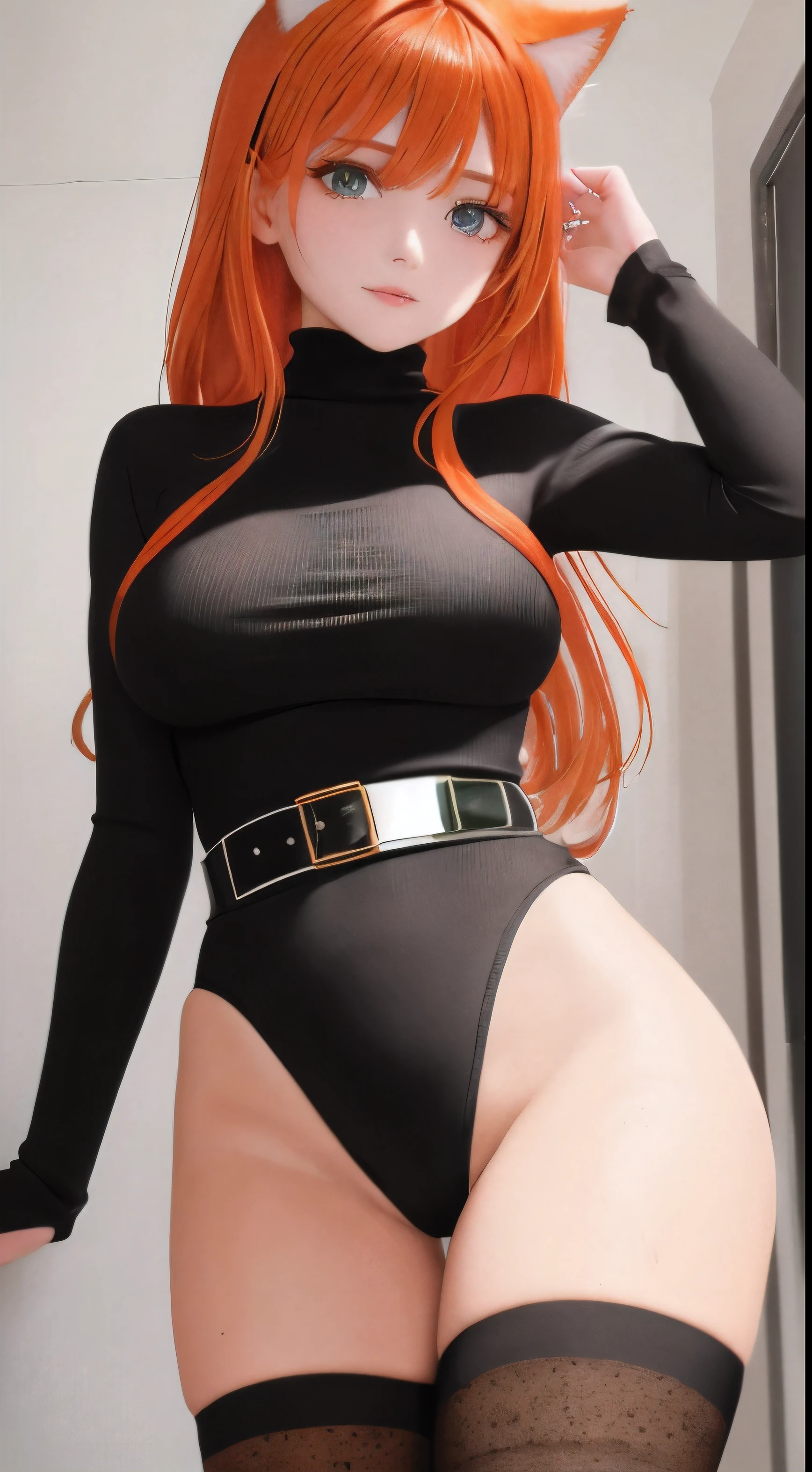mother, Masterpiece, Best quality, ultra detailed, Beautiful lighting, 1 girl, Orange hair, cat ear, Green eyes, freckles, turtleneck top, I'm looking at the viewer, detailed black stockings with belt, juicy ass