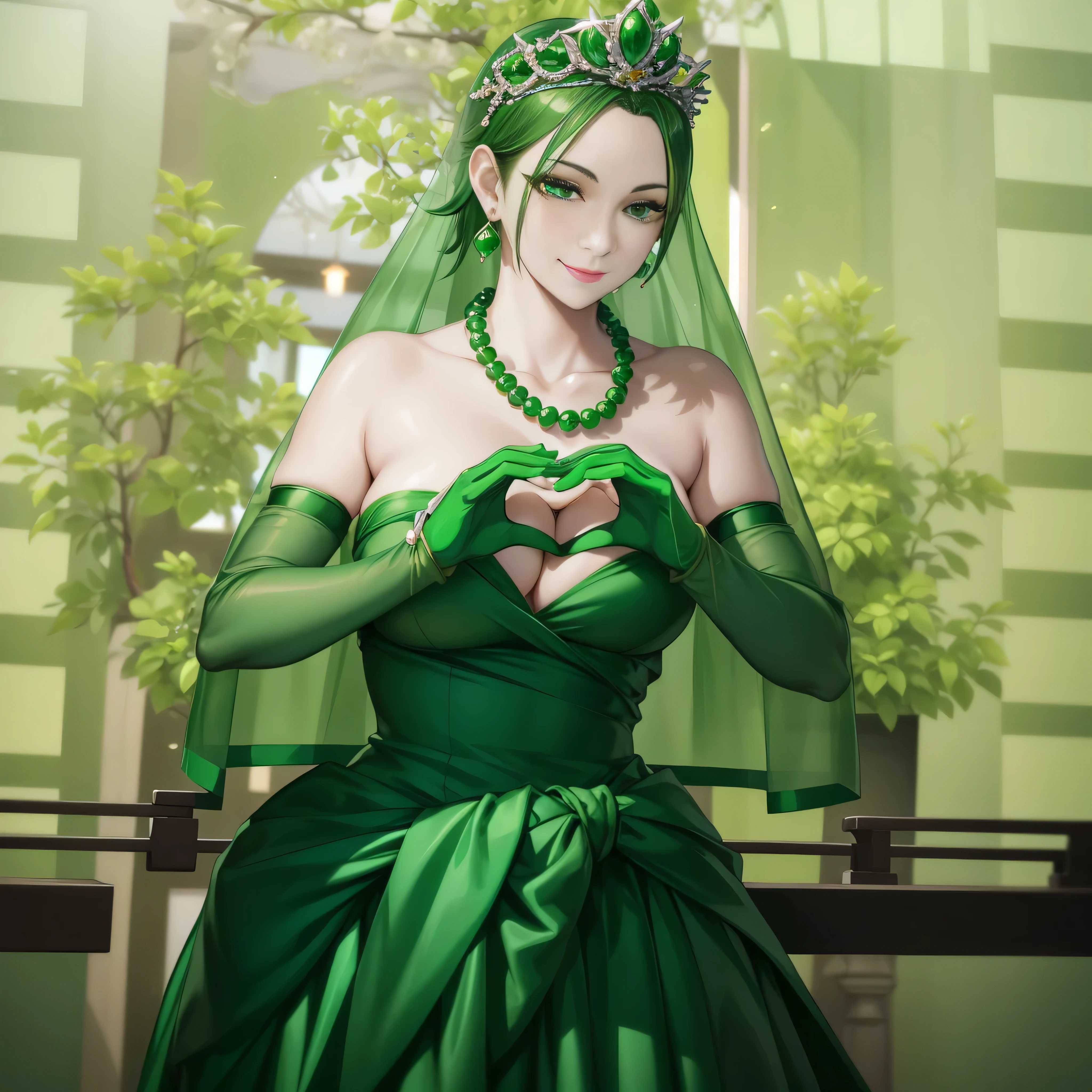 emerald tiara, Green Pearl Necklace, Boyish green berry short hair, lipstick, smiling Japanese woman, very short hair, big breasts beautiful, green eyes, green satin long gloves, green eyes, v sign, emerald earrings, Green veil, green lip gloss