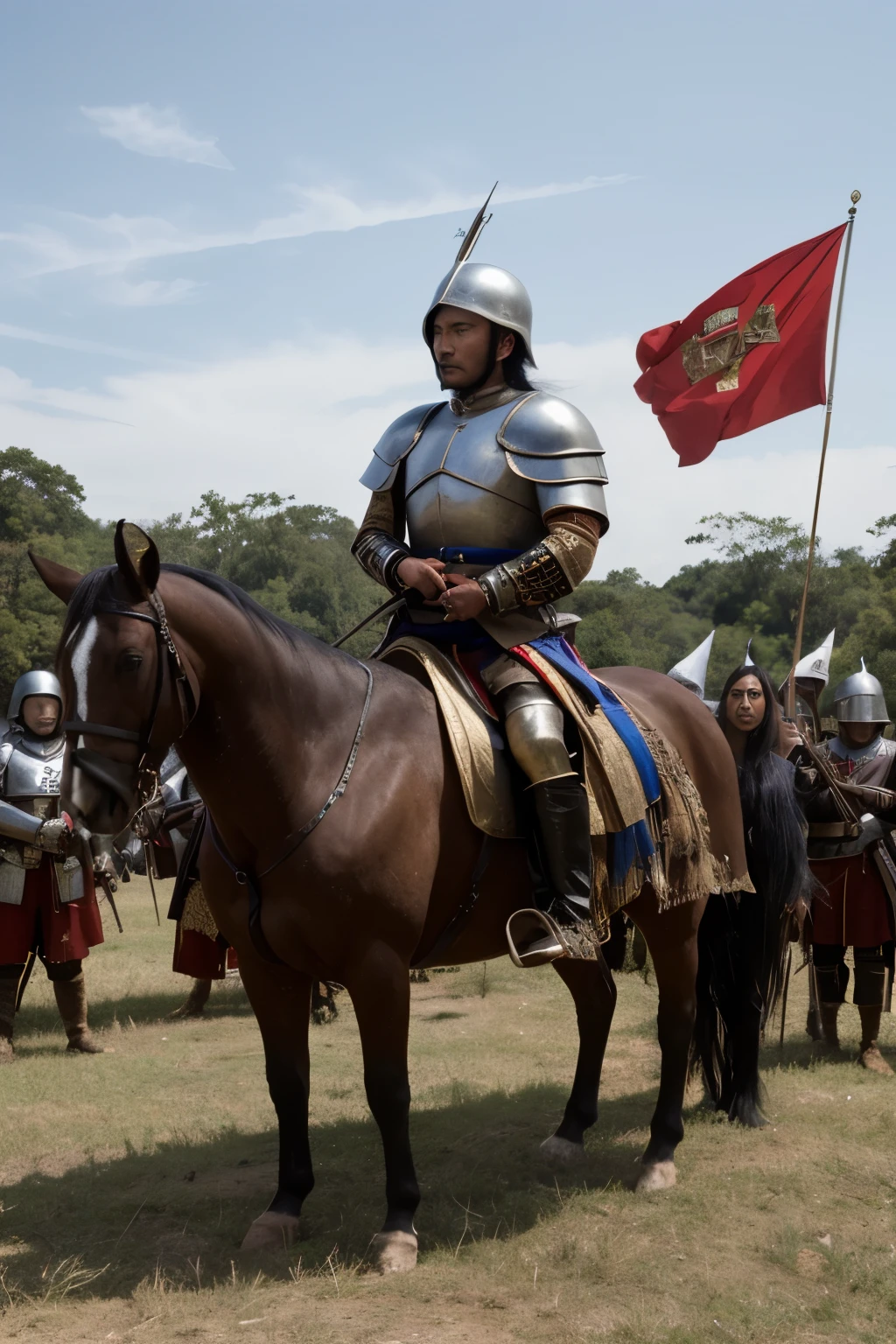 trong spanish conquistadores , strong native army, both armies standing infront of Comalcalco land