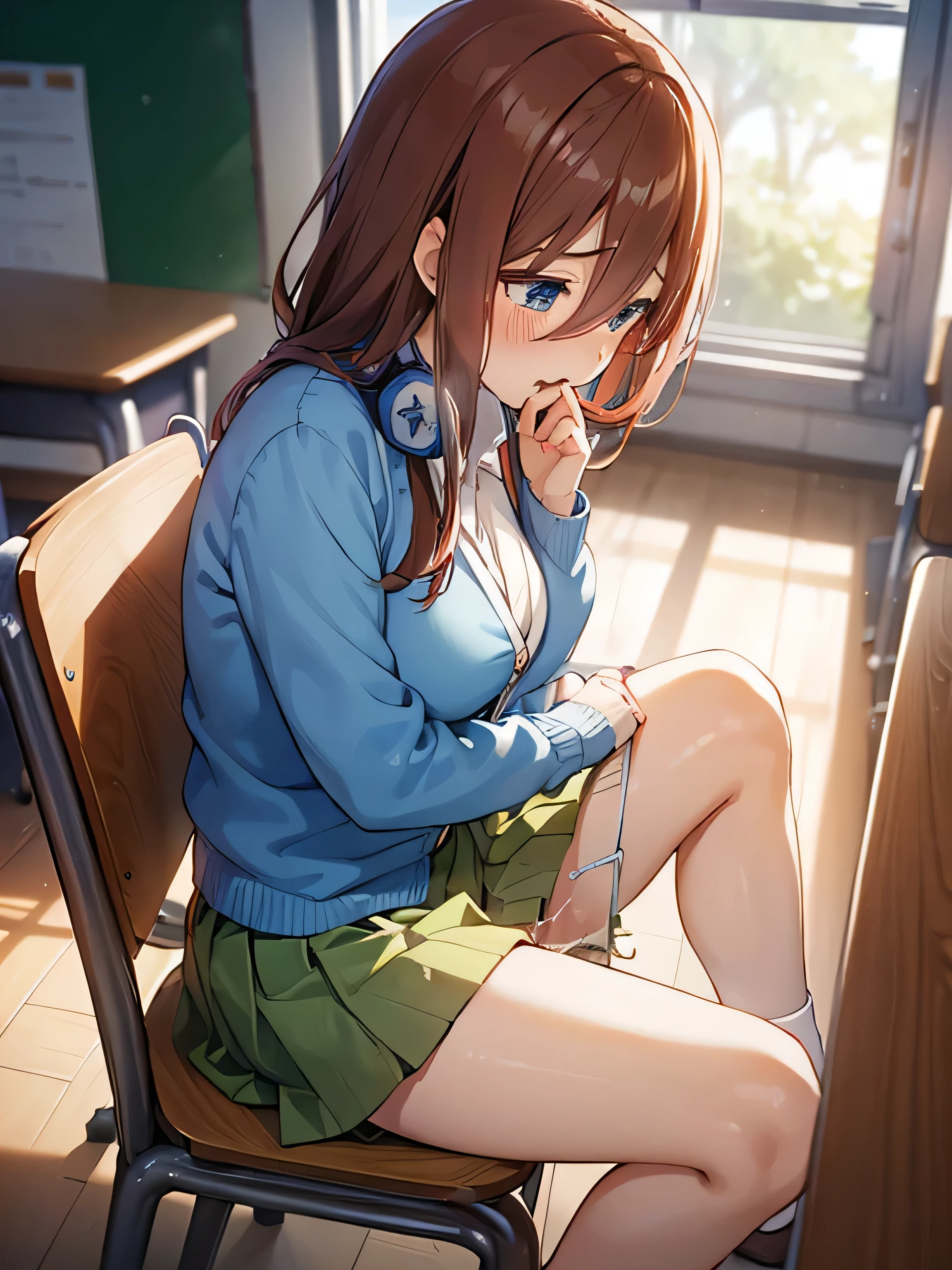  highest quality, highest quality, beautiful anime、anime style, best lighting、fine skin 、beautifully drawn eyes、clear eyes、((nakano miku, brown hair, hair between eyes, blue cardigan, headphones、thin legs、green skirt、in the heat、embarrassing,orgasm,naughty face、sitting,spread legs,blue panties,love juice,female masturbation))、(((evening、classroom、after school,wooden chair)))、NSFW、look away, Side view