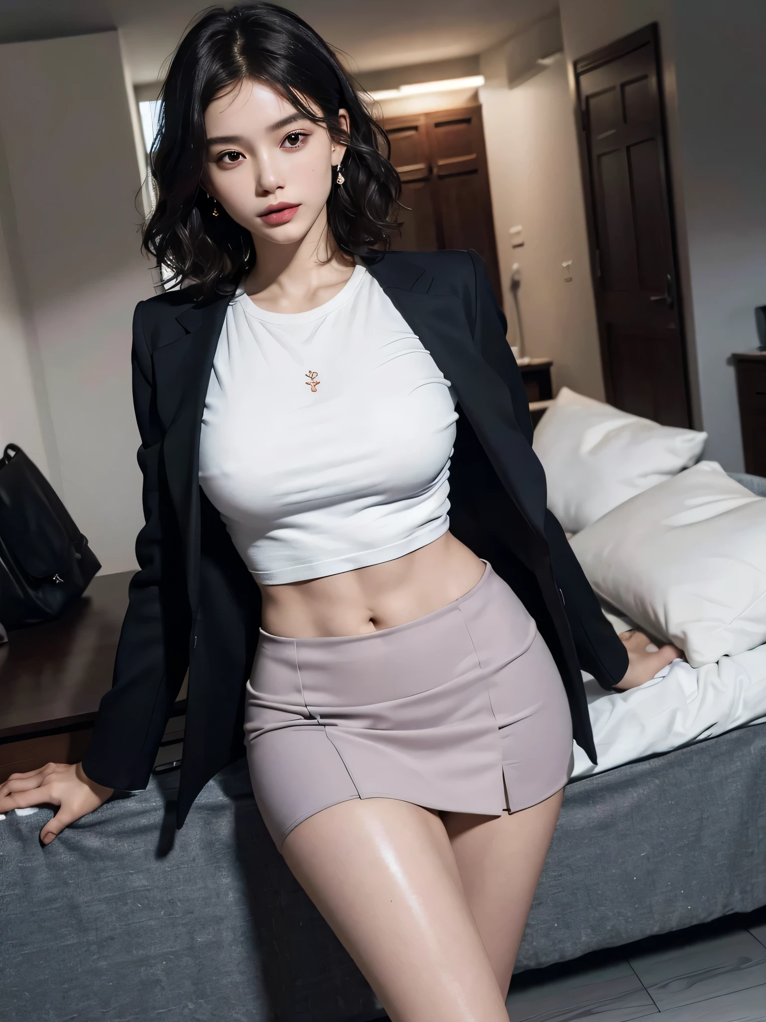 (disorganized, RAW photo, very delicate and beautiful, masterpiece, highest quality, ultra high resolution, 16k, surreal, super detailed, perfect anatomy, super dense skin, perfect figure:1.2), Highly detailed CG 8k wallpaper, 20's, very slim body, tight waist, very small head, very small face, delicate facial features, tearful mole, earrings, thin legs, (very huge round breasts:1.1), (full body shot:1.1), (1 girl:1), short hair, (wavy hair:1.1), (suit:1.2), (Jacket:1.1), skirt, (T-shirt:1.1),