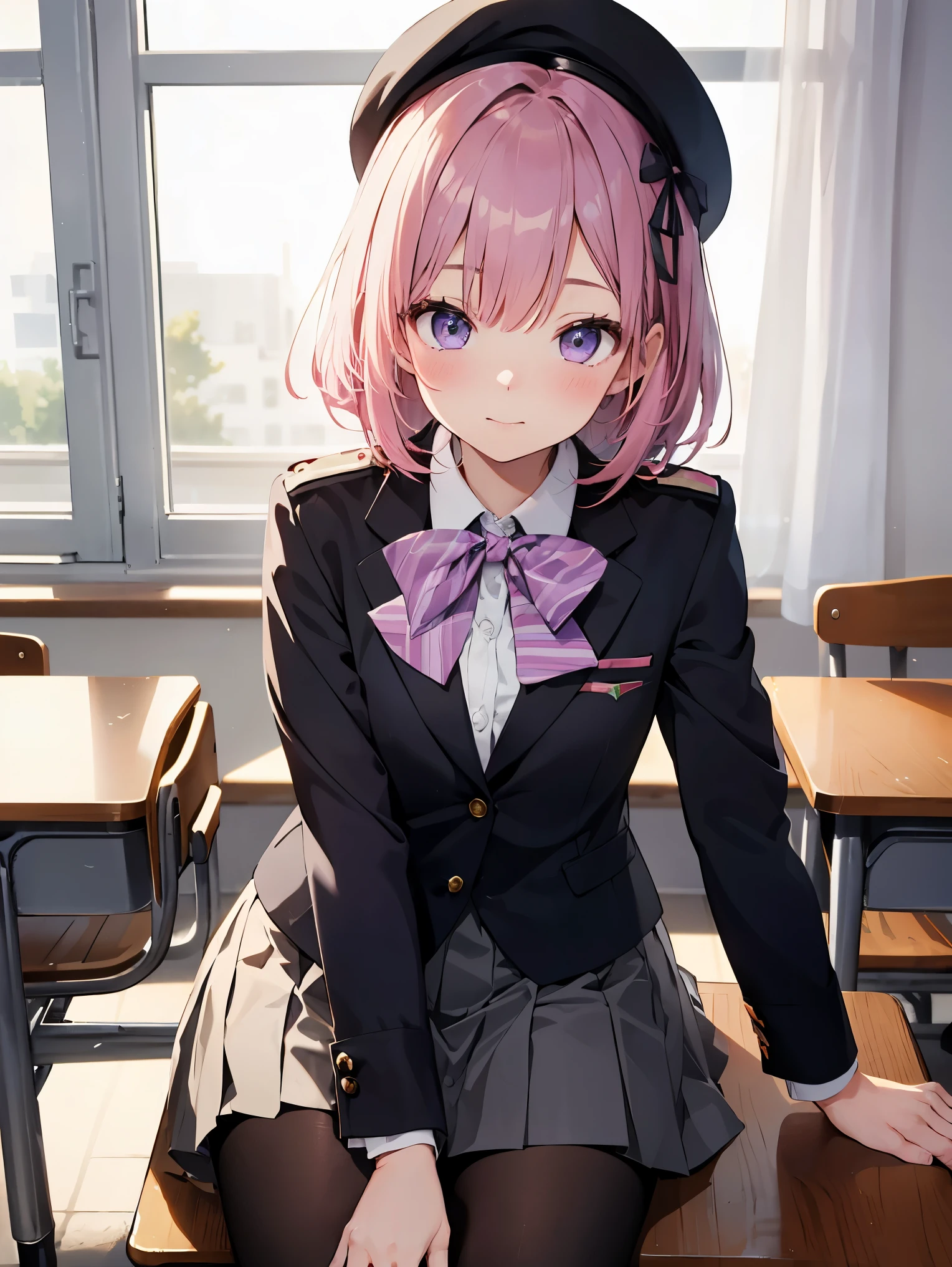 細部に至るまinの傑作、highest quality、realistic、1 girl、solo、18-year-old、Looks about 5 years old、140cm beautiful girl、、5 year old baby face、Silky hair、Gradient bob in the forward、pink and purple mesh、big vertical eyes、Outstanding looks、cute 、proximity、closed_mouth、laughter、blush、恥ずかしさinいっぱい、beret、pink bow tie、Branded uniforms、 青いblazer、blazer、pleated skirt、gray skirt、silk blouse、white blouse、feet、black tights、sit on top、classroom、hair_ornament、looking for_in_viewer、beiniful detailed eyes、realistic目、tights on、Not clear、professional effects、Not clear、enhanced elegance、Really ridiculous cuteness、cute