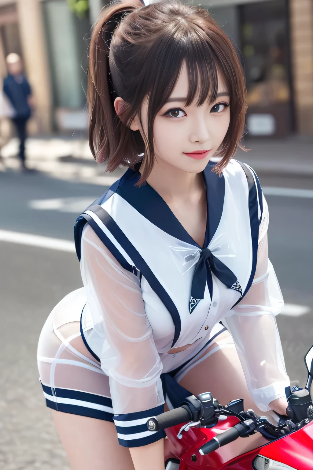 big and full breasts、(((A transparent white sailor suit that sticks to the chest,school uniform:1.7))),(((A woman wearing a transparent sailor suit:1.7 ))),(((A woman riding a colorful custom-painted motorcycle through the city:1.7))), Shiny light brown and orange striped short hair,cute smile,perfect round face,A cheerful smile that makes the viewer happy,proper body proportions,table top,Ultra high quality output image,High resolution,intricate details,very delicate and beautiful hair,realistic pictures,dream-like,professional lighting,realistic shadow,focus only,beautiful hands,beautiful fingers,Detailed functions of fingers,Detailed features of the garment,Detailed characteristics of hair,detailed facial features,(((emphasize the chest:1.3))),(dynamic angle),(dynamic and sexy pose),laughter、cute round face,,(table top,highest quality,超High resolutionの出力画像,) ,(8K quality,),(sea art 2 mode.1),(Image mode Ultra HD,)