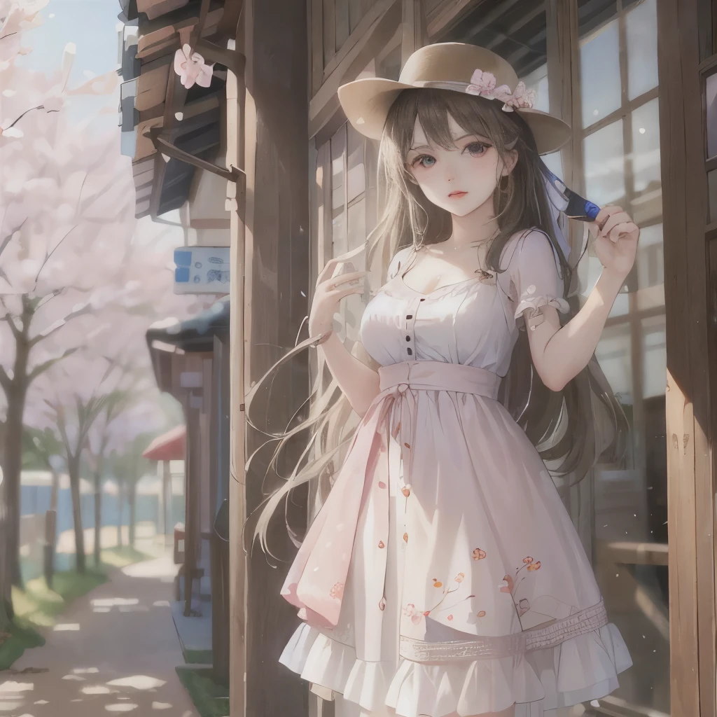 masterpiece,muste piece,highest quality,Professional quality,アニメのgirl,20-year-old,lonely face,clear eyes,standing in front of the cherry blossoms,full body shot,fluttering hair,long hair,Bright clothes,背景はCherry blossom trees,girl:4.0,Cherry blossom trees:6.0