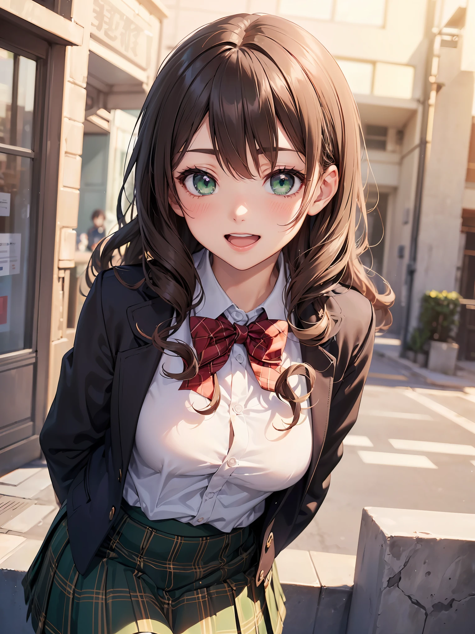 ((masutepiece, Best Quality, hight resolution, nffsw, Perfect Pixel, depth of fields, 4K, nffsw, nffsw))), 1girl in, Single, Solo, Beautiful anime girl, Beautiful Art Style, Anime Character, ((Long hair, Bangs, dark brown hair, Curly hair:0.8)), ((Green eyes:1.4, Detailed eyes, Beautiful eyes, Perfect eyes,Curly eyelashes, Realistic eyes)), ((Detailed face, Blushing:1.2)), ((Smooth texture:0.75, Realistic texture:0.5, Anime CG style)), medium breasts, Dynamic Angle, busty, Perfect body, Dynamic Pose, ((red bowtie, School uniform, Black jacket, Open jacket, Brown cardigan, White shirt, Black skirt, plaid skirts)), Smile, Open mouth, arms behind back, Leaning forward, Amulment Park, ((close up, POV, Cute, Shoot in the face))