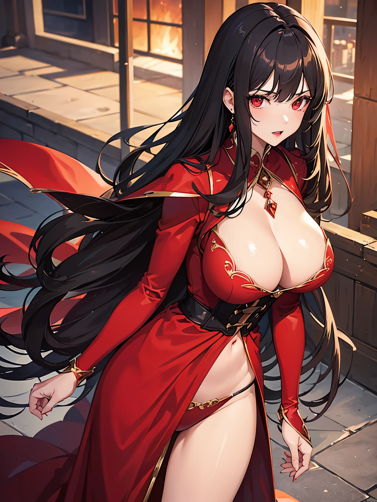 1girl, beautiful, vampire goddess, brunette very long hair, red eyes, sexy body and big breast, wearing a sexy red dress, ultrasharp, looking at the viewer, ((best quality)), ((masterpiece)), (detailed), perfect face,
