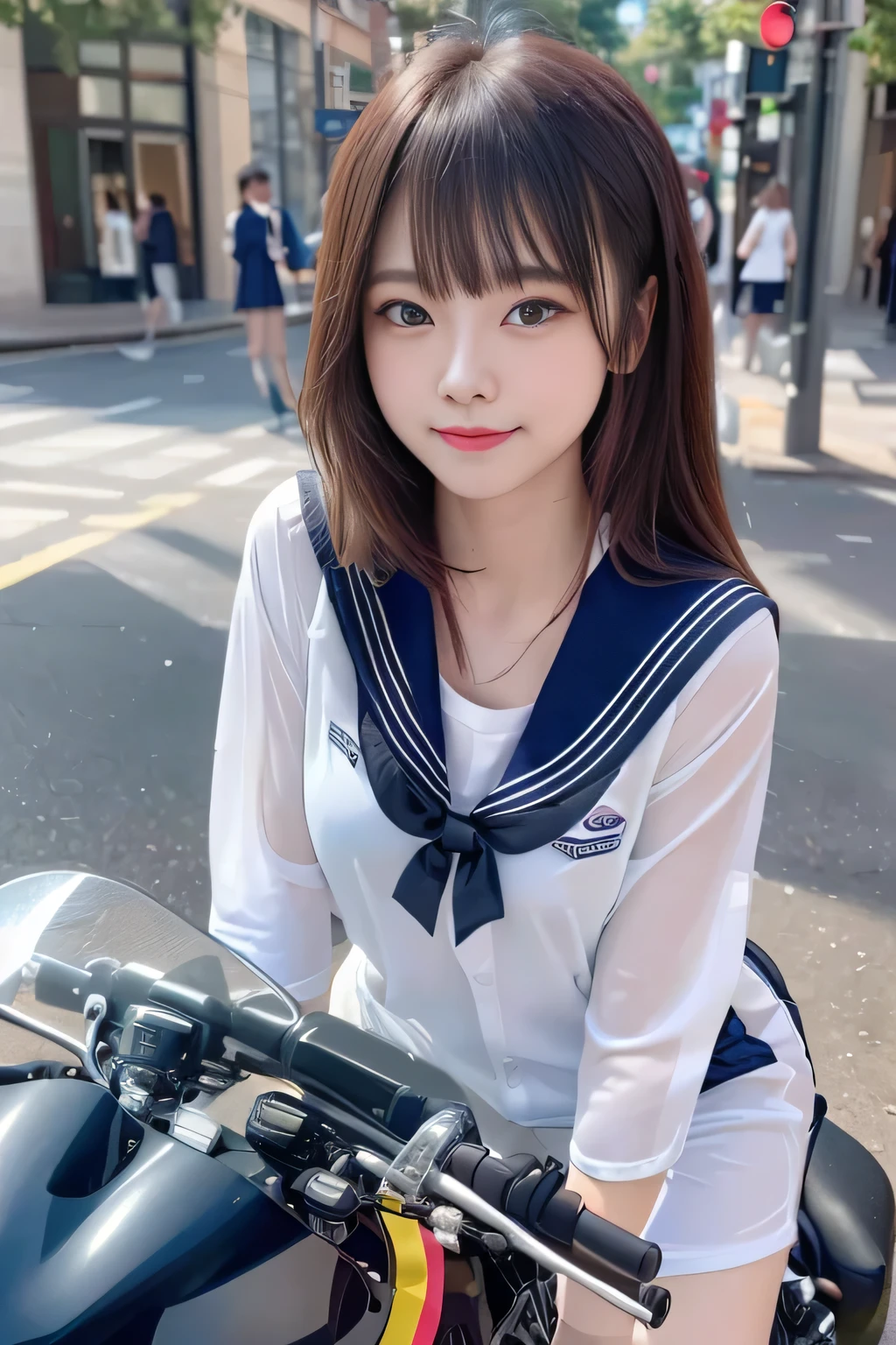 big and full breasts、(((A transparent white sailor suit that sticks to the chest,school uniform:1.7))),(((A woman wearing a transparent sailor suit:1.7 ))),(((A woman riding a colorful custom-painted motorcycle through the city:1.7))), Shiny light brown and orange striped short hair,cute smile,perfect round face,A cheerful smile that makes the viewer happy,proper body proportions,table top,Ultra high quality output image,High resolution,intricate details,very delicate and beautiful hair,realistic pictures,dream-like,professional lighting,realistic shadow,focus only,beautiful hands,beautiful fingers,Detailed functions of fingers,Detailed features of the garment,Detailed characteristics of hair,detailed facial features,(((emphasize the chest:1.3))),(dynamic angle),(dynamic and sexy pose),laughter、cute round face,,(table top,highest quality,超High resolutionの出力画像,) ,(8K quality,),(sea art 2 mode.1),(Image mode Ultra HD,)