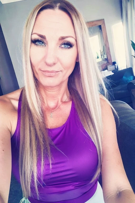 Marija, sexy ponytailed dyed blond, mole under eye, mascara, eyelashes, selfie, wearing a sexy purple tank top and gray leggings,