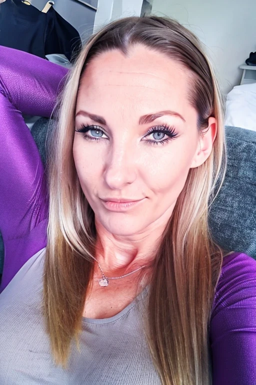Marija, sexy ponytailed dyed blond, mole under eye, mascara, eyelashes, selfie, wearing a sexy purple tank top and gray leggings,