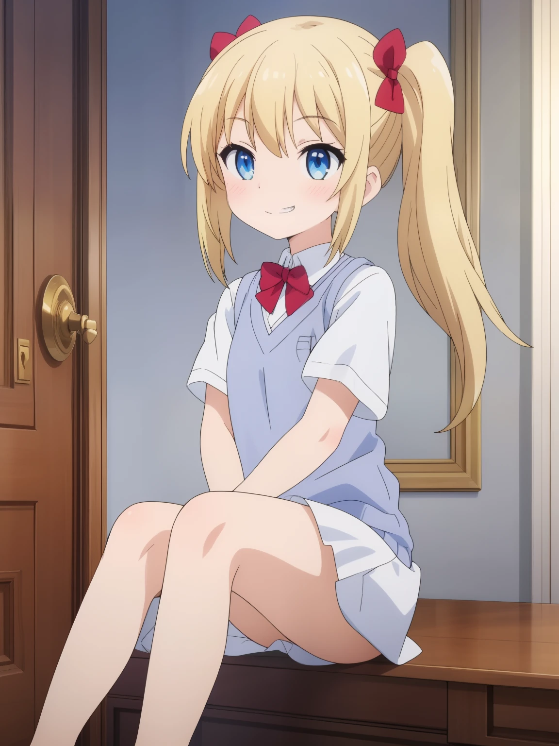 high quality, the masterpiece (one girl) blonde. sly eyes. Dark bows. ponytails on the hair. Blue eyes. White shirt. gray vests. long bangs. grin. closed mouth
, shows bare feet, In the background is an aristocratic room 
