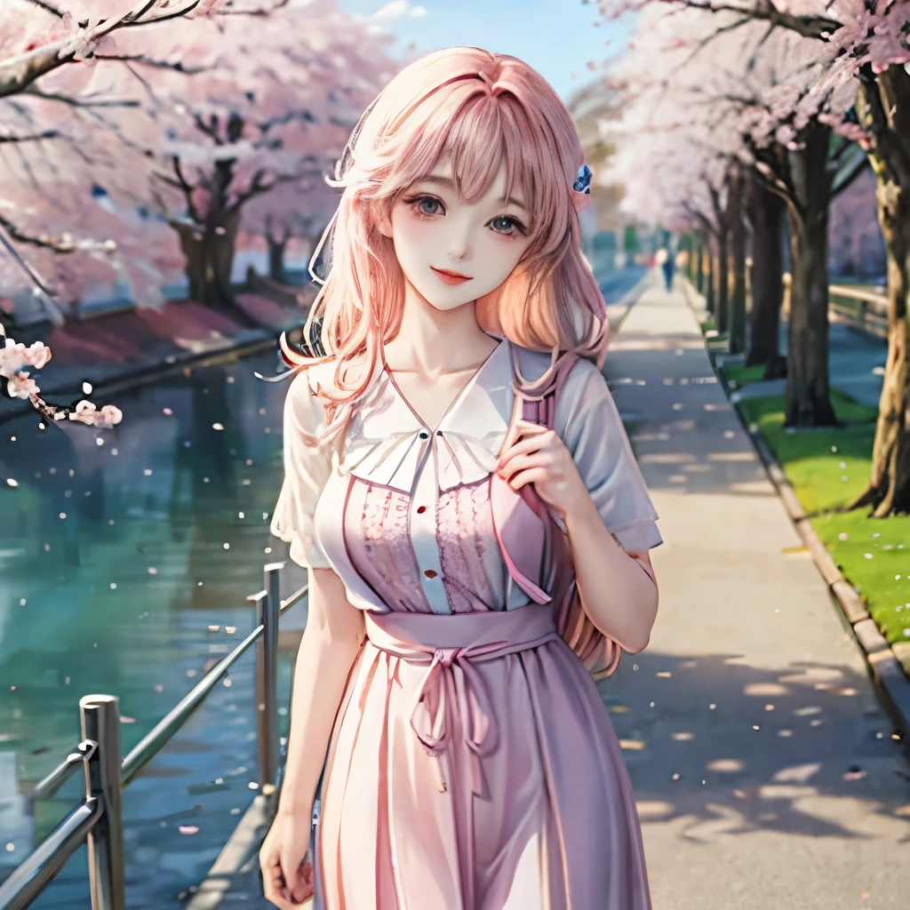 masterpiece,muste piece,highest quality,Professional quality，アニメのgirl，20-year-old,Pleasant smile,clear eyes，standing in front of the cherry blossoms，full body shot，fluttering hair，long hair，Bright clothes，背景はCherry blossom trees，girl:4.0，Cherry blossom trees:6.0
